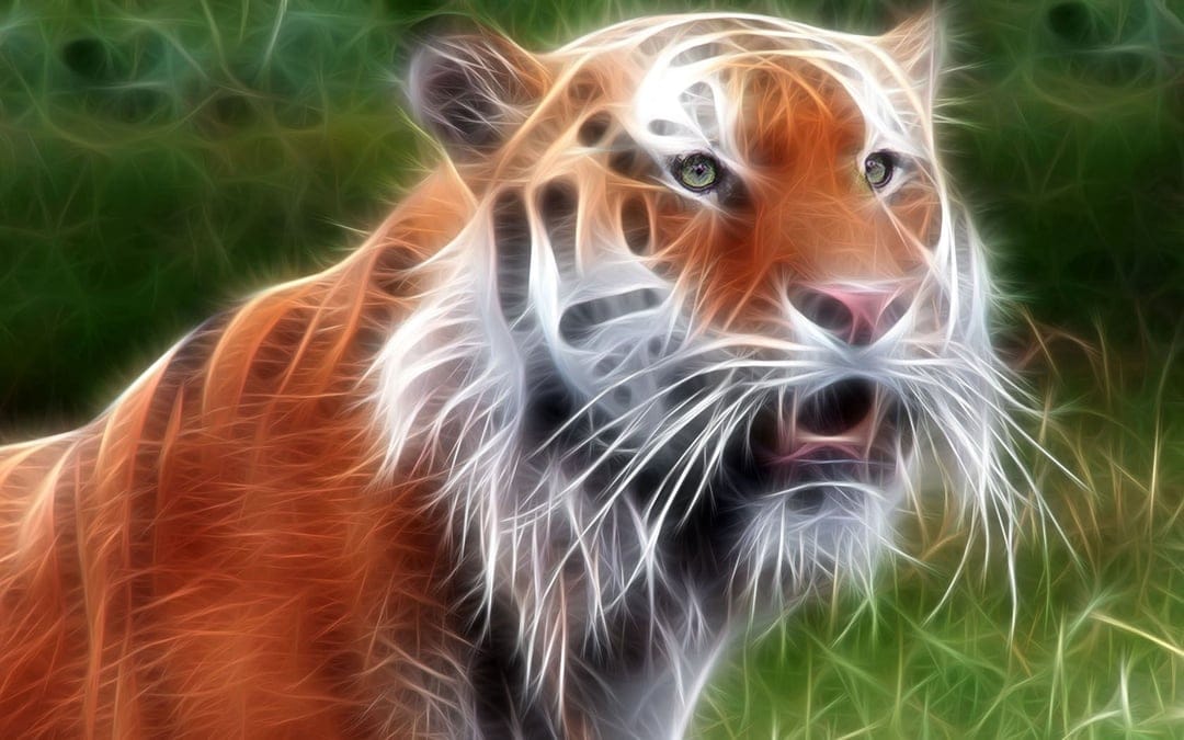 Roaring tiger with glowing orange and white fractal stripes against a blurred green grass background.