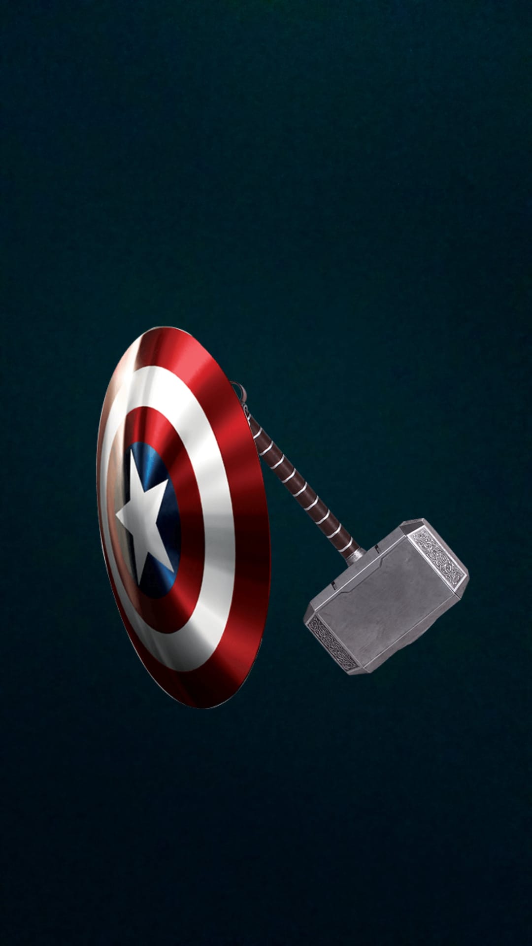 Captain America’s circular shield and Thor’s Mjolnir hammer suspended against a dark teal, textured background.