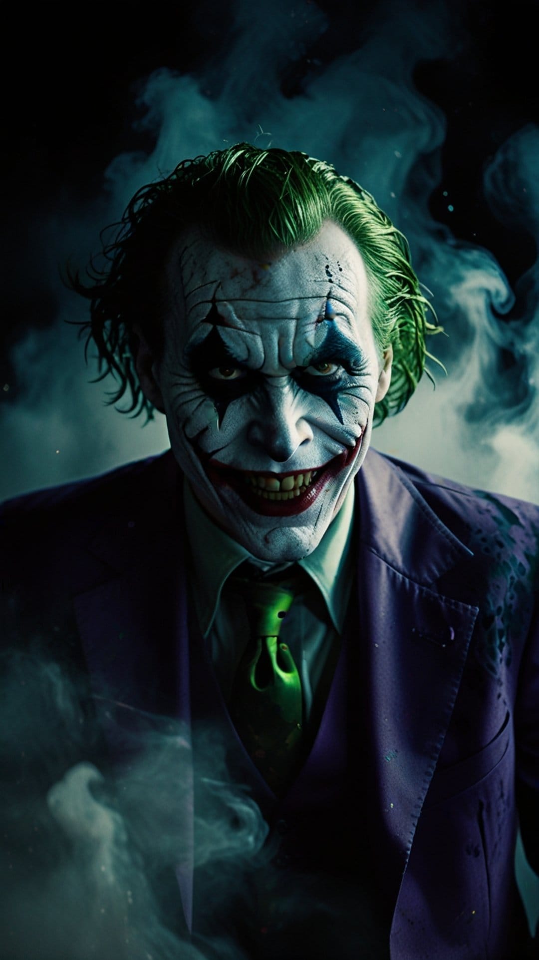 Joker in a purple suit with lime green hair grins through blue haze wearing chaotic white and black face makeup.