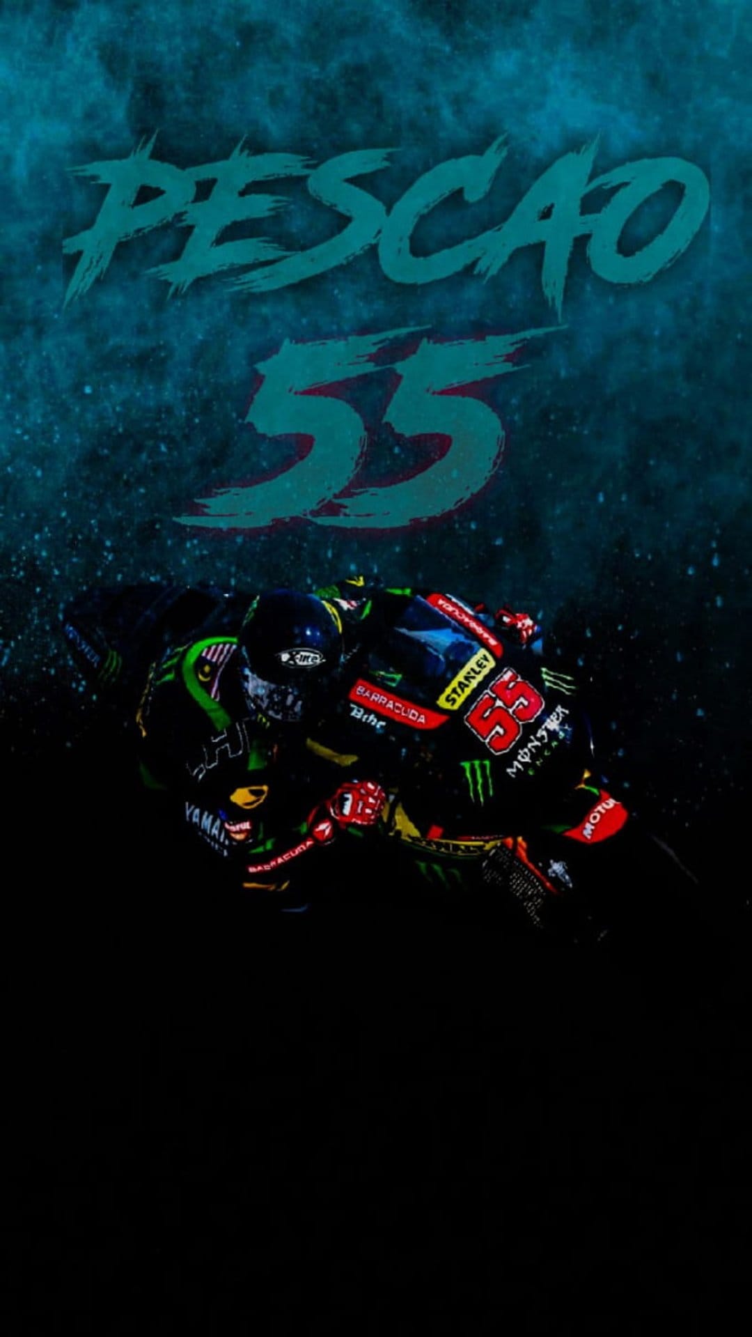 MotoGP rider 55 leans into a sharp turn on a Yamaha motorcycle against a dark backdrop with teal accents.