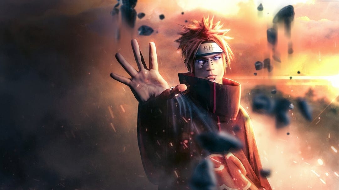 Pain with purple Rinnegan eyes raises his hand as debris floats around him against a fiery sunset sky.