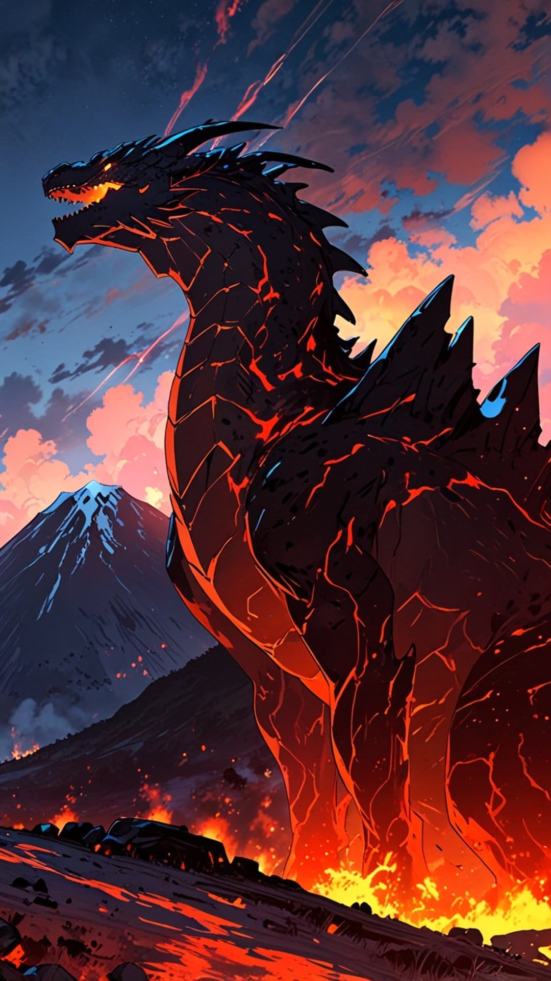 Black dragon with glowing orange veins stands on volcanic rocks before a smoking volcano under a red sunset.
