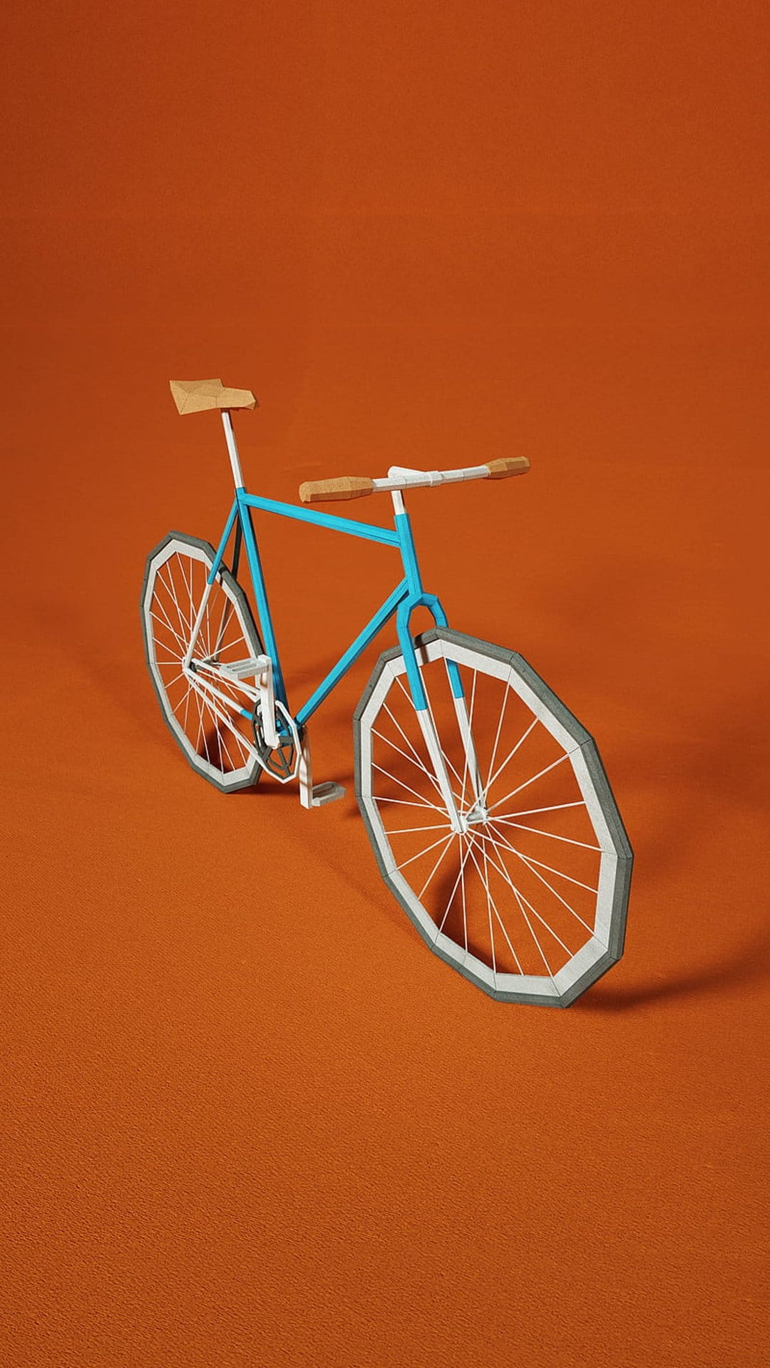 Blue low-poly bicycle with wooden handlebars and white wheels sits on a textured orange background with soft shadows.