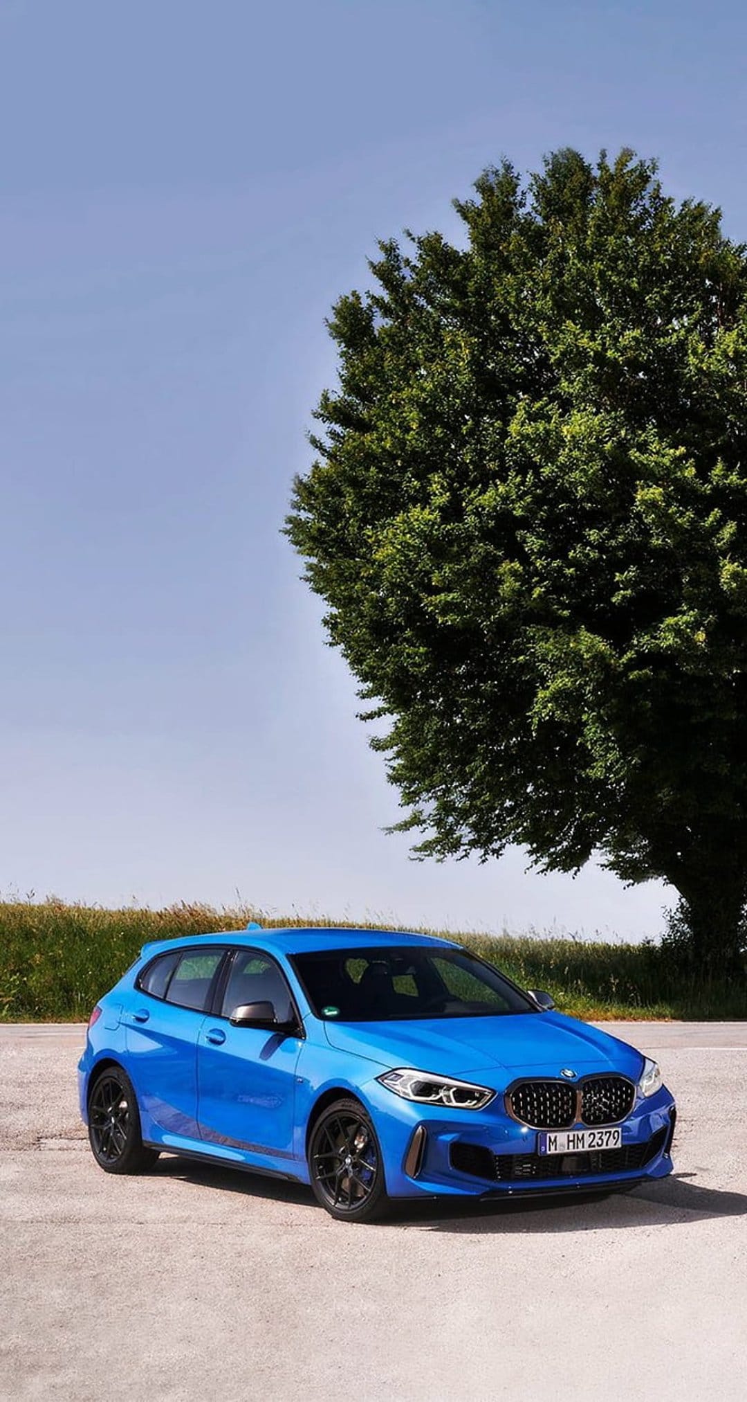 Blue BMW 1 Series hatchback parked on pavement under a large green tree with a clear sky in the distance.