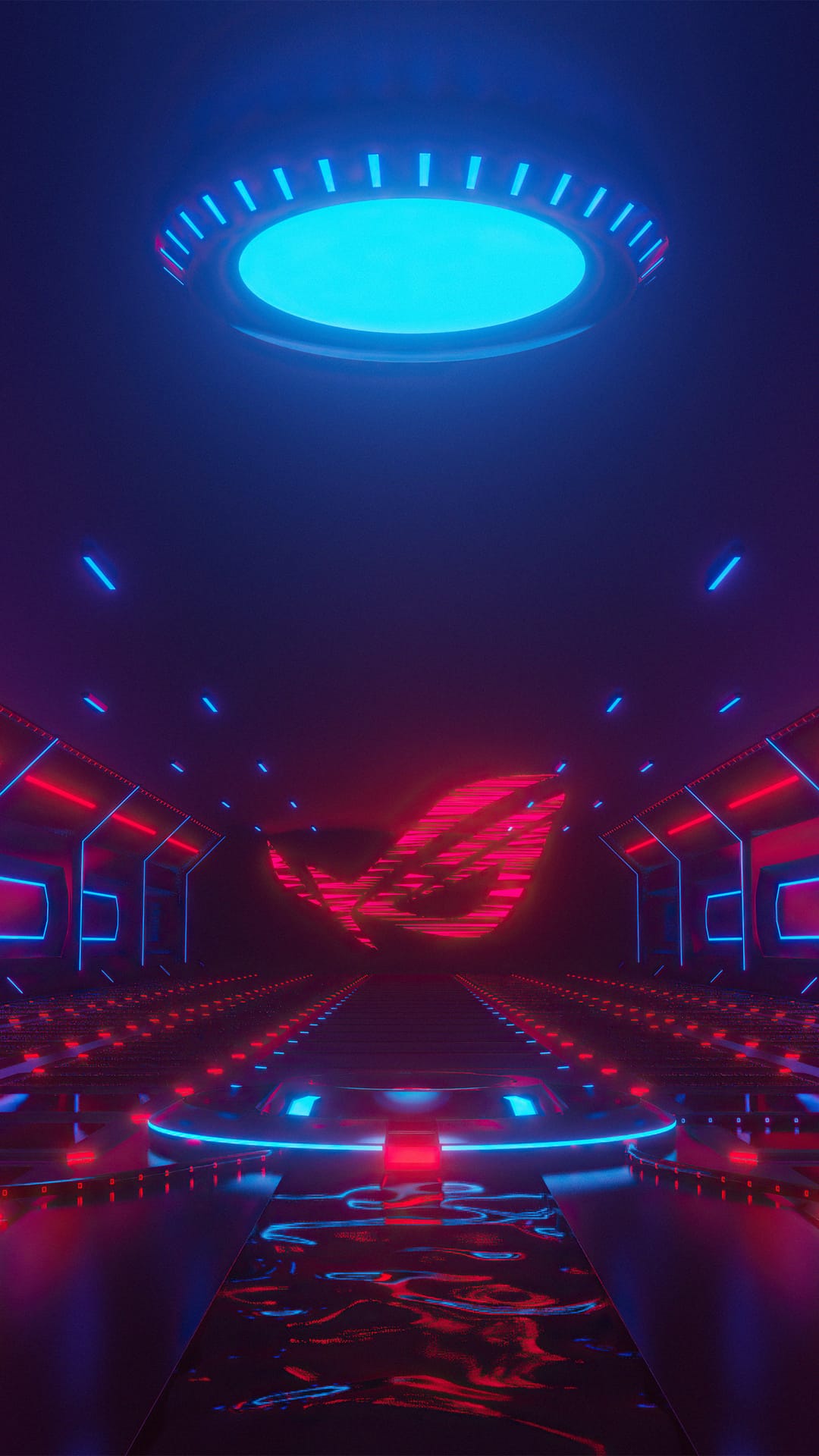 Red and blue neon hallway leading to a glowing ROG logo with a circular blue light fixture on the ceiling.