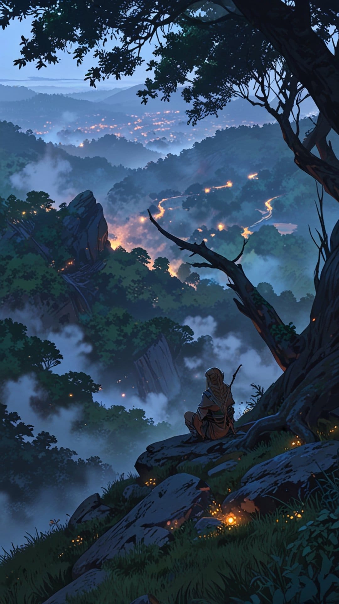 Hooded figure sits on a rocky cliff edge overlooking a foggy valley city illuminated by warm golden lights at dusk.