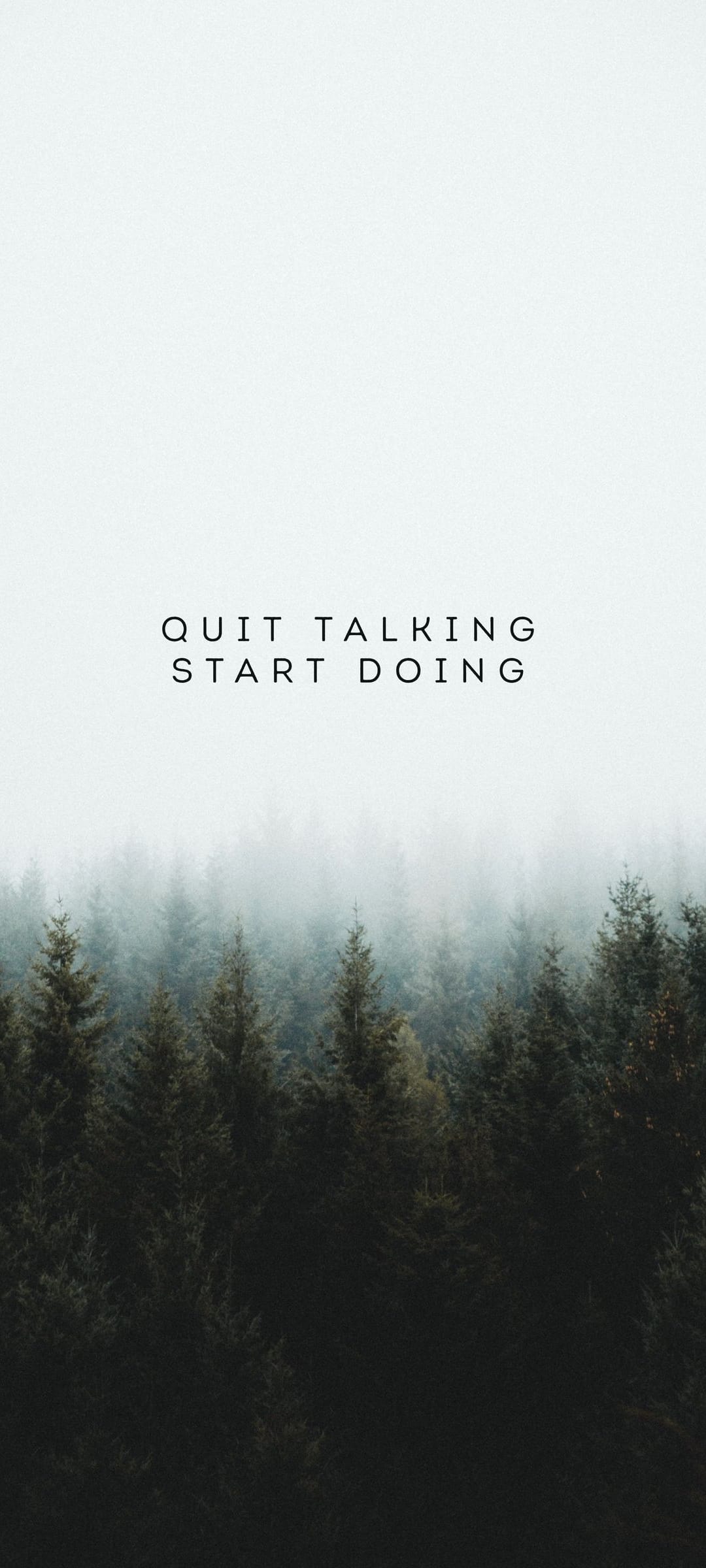 White typography reading Quit Talking Start Doing over a vertical dark green misty pine forest landscape.
