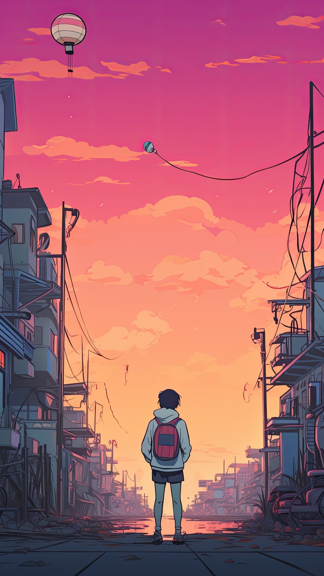 Anime girl with a red backpack stands in a city street watching hot air balloons float in a pink sunset sky.
