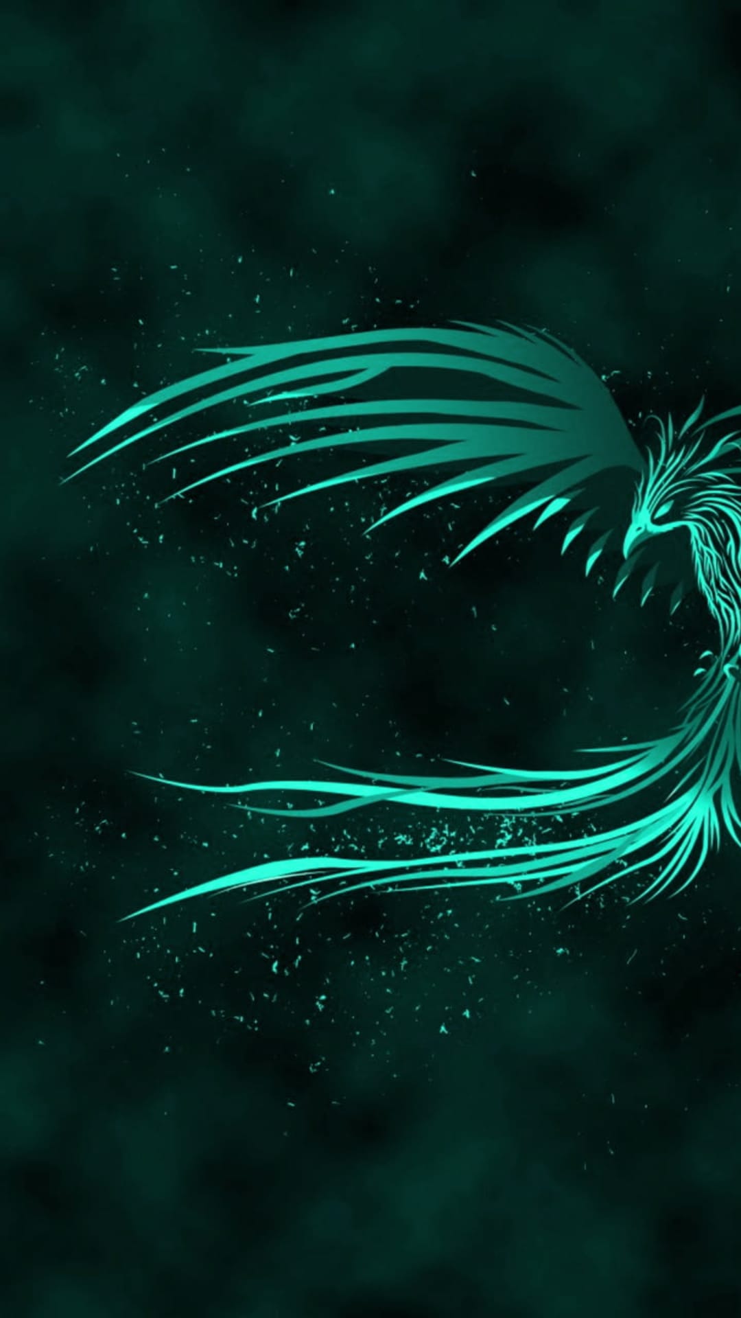 Teal phoenix with radiant glowing wings and shimmering particles rises against a dark, misty background atmosphere.