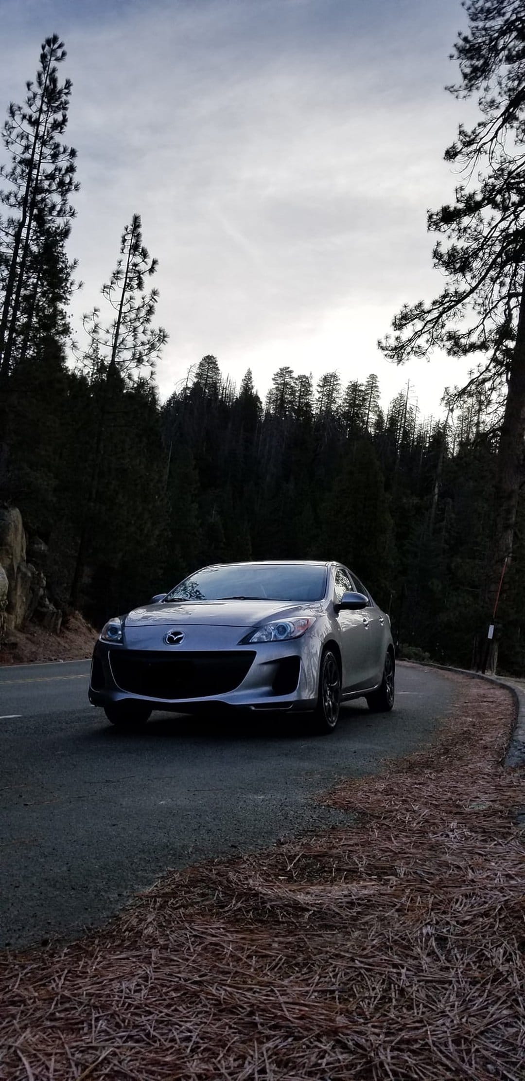 Silver Mazda 3 sedan parked on an asphalt mountain road surrounded by a dense green pine forest under grey clouds.