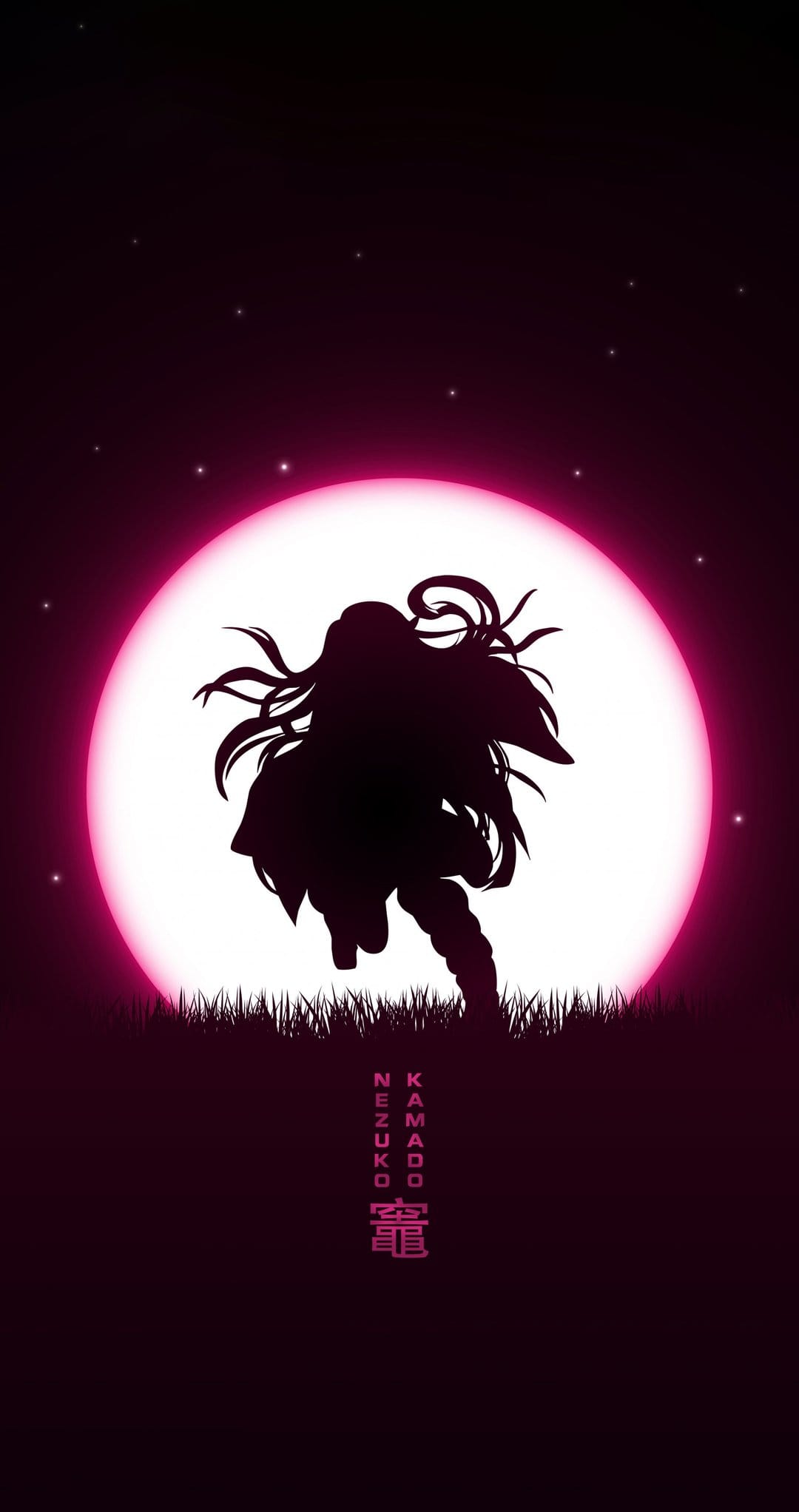 Nezuko Kamado silhouette stands in a field of grass under a giant pink moon with a starry night sky backdrop.