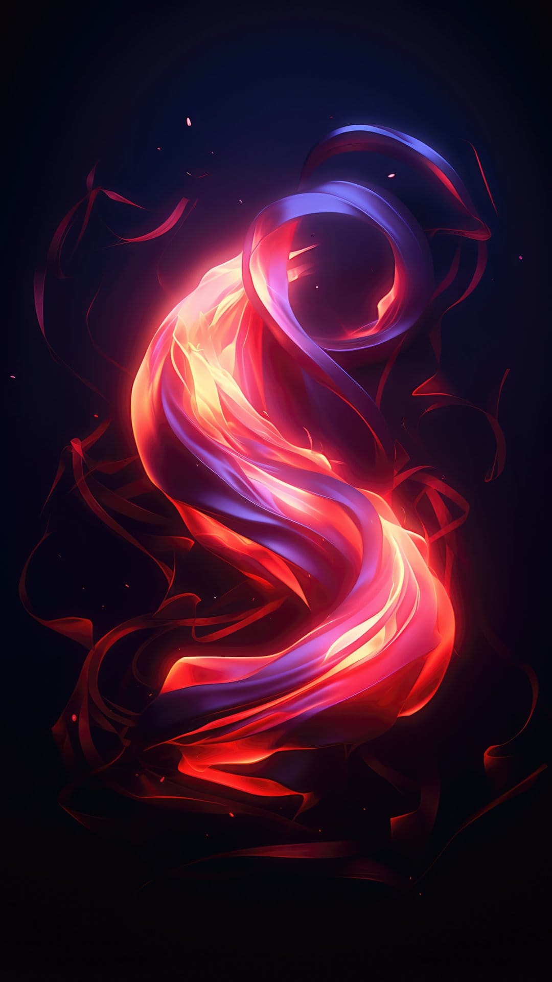 Scarlet and purple light trails weave through a dark space with tiny glowing embers and floating sparks.