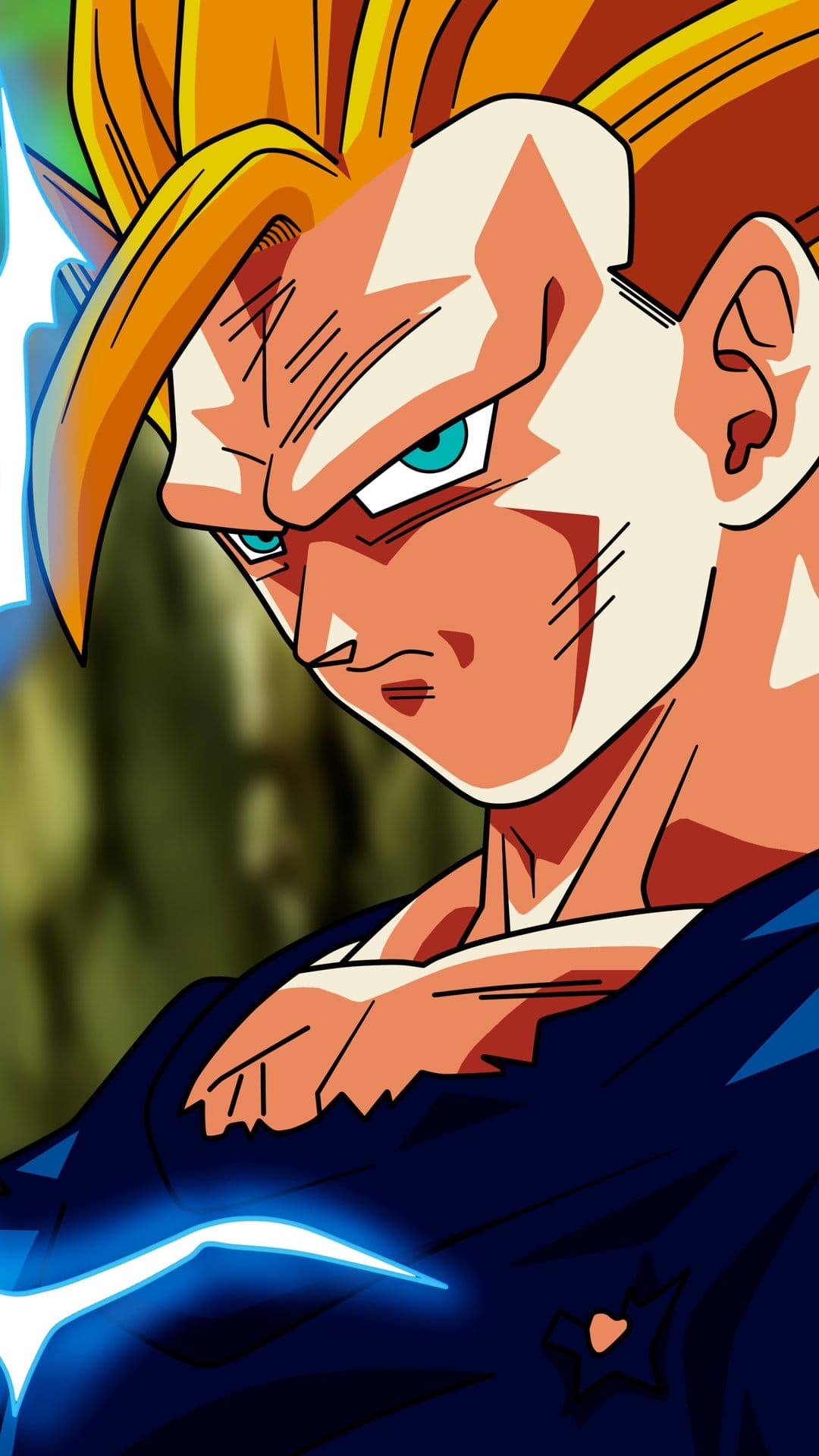 Gohan's face in Super Saiyan 2 mode featuring spiky gold hair, cyan eyes, and crackling blue electric bolts.