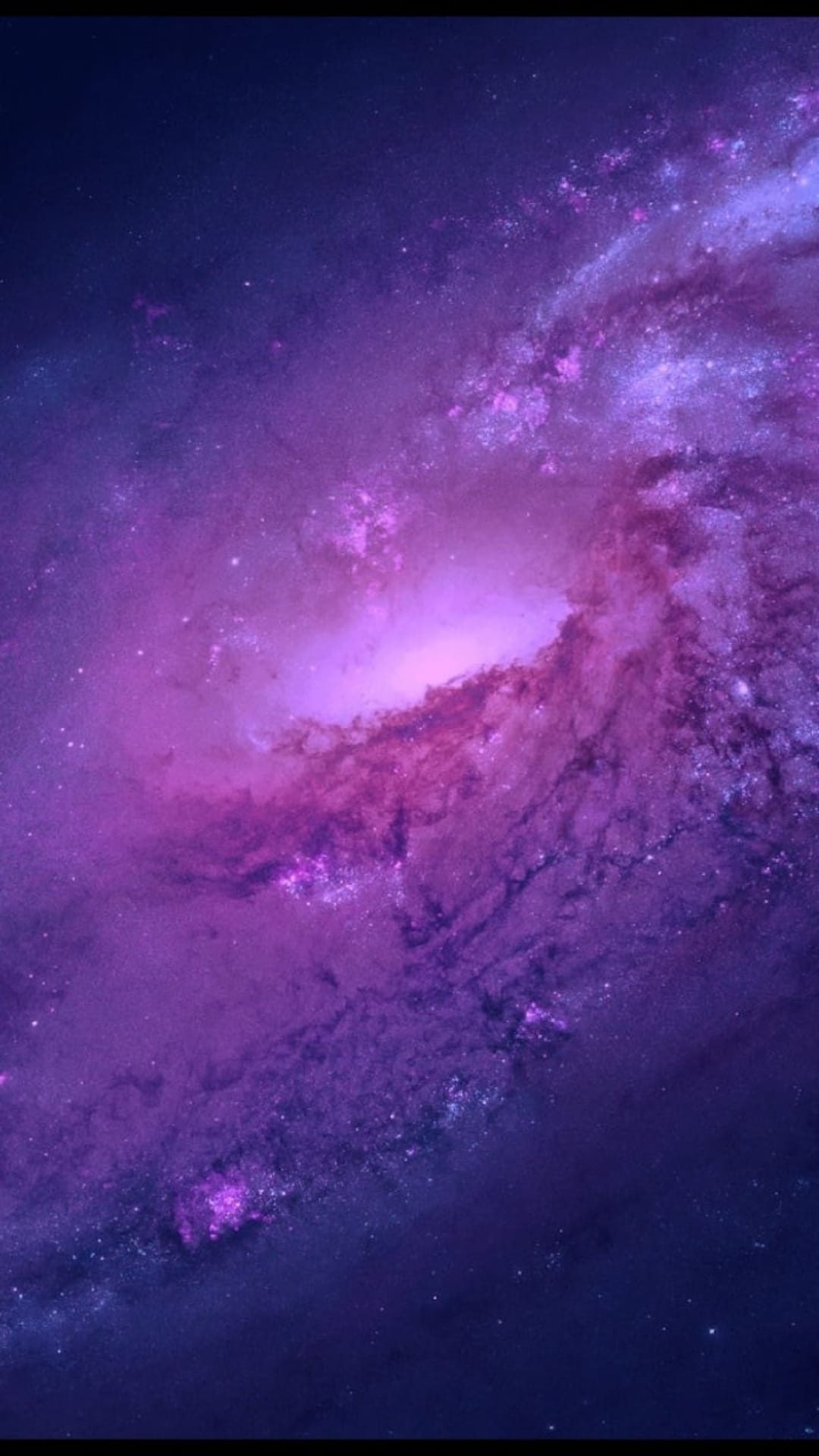 Violet galaxy vortex featuring glowing pink nebulae and clusters of white stars against a black backdrop.