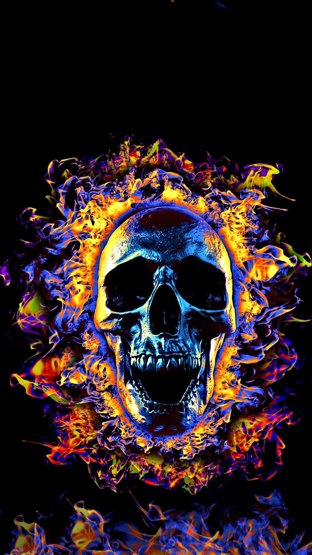 Metallic blue skull engulfed in vibrant orange, purple, and yellow flames against a solid black background.