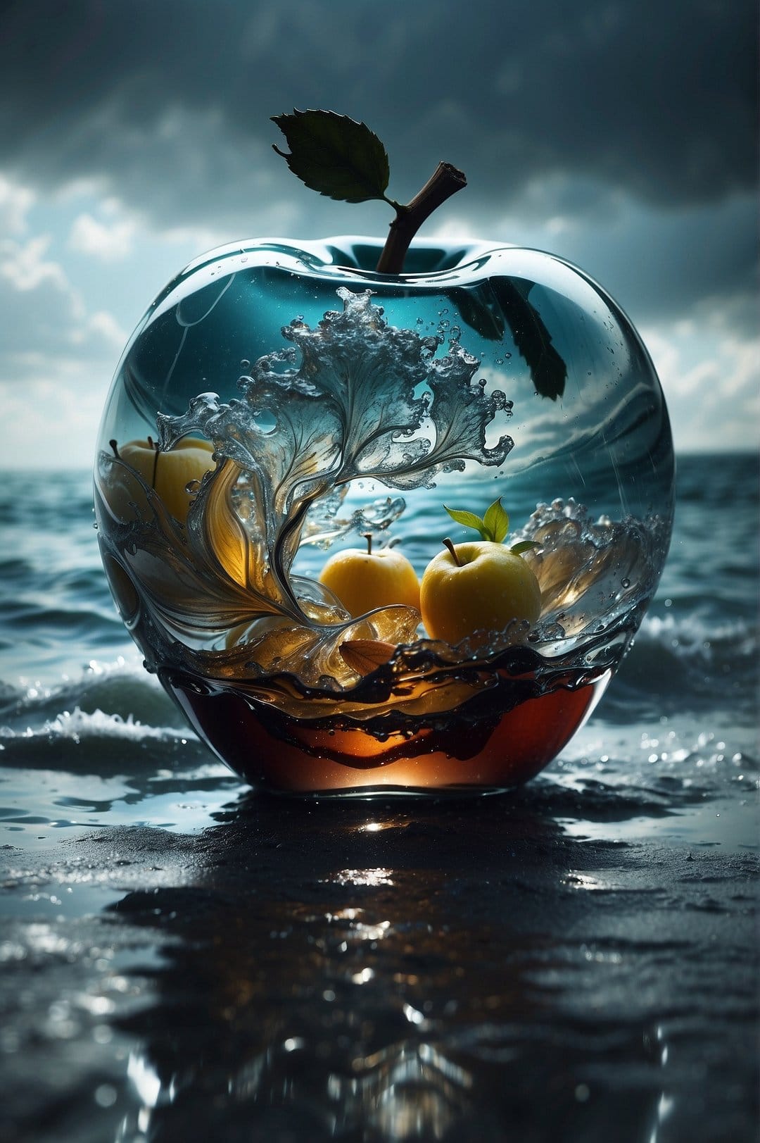 Red apple inside a glass sphere containing a crashing wave on a wet surface reflecting a dark stormy sky.