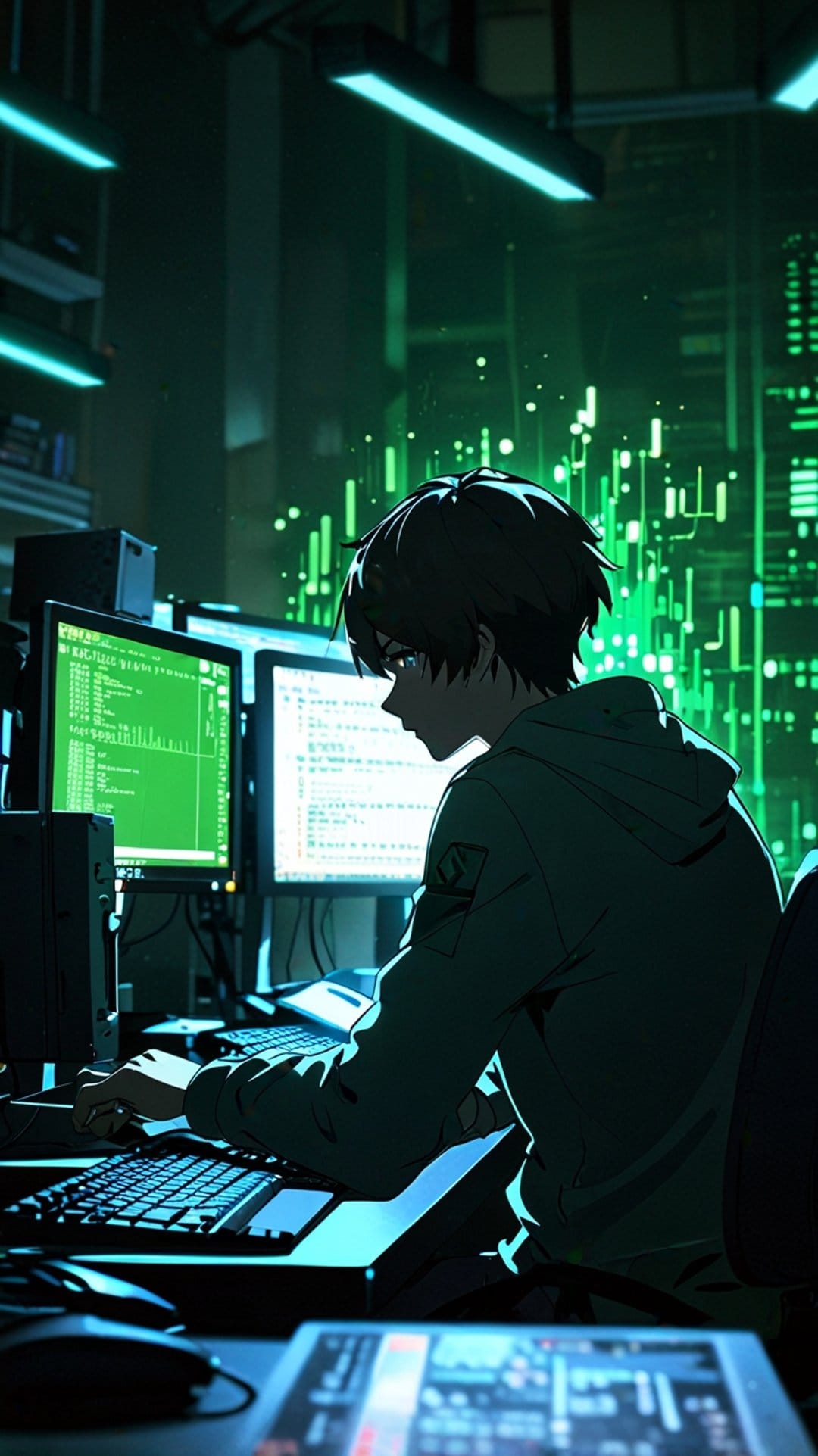 Hooded hacker sits before glowing green computer monitors with scrolling code in a dark cyberpunk city setting.