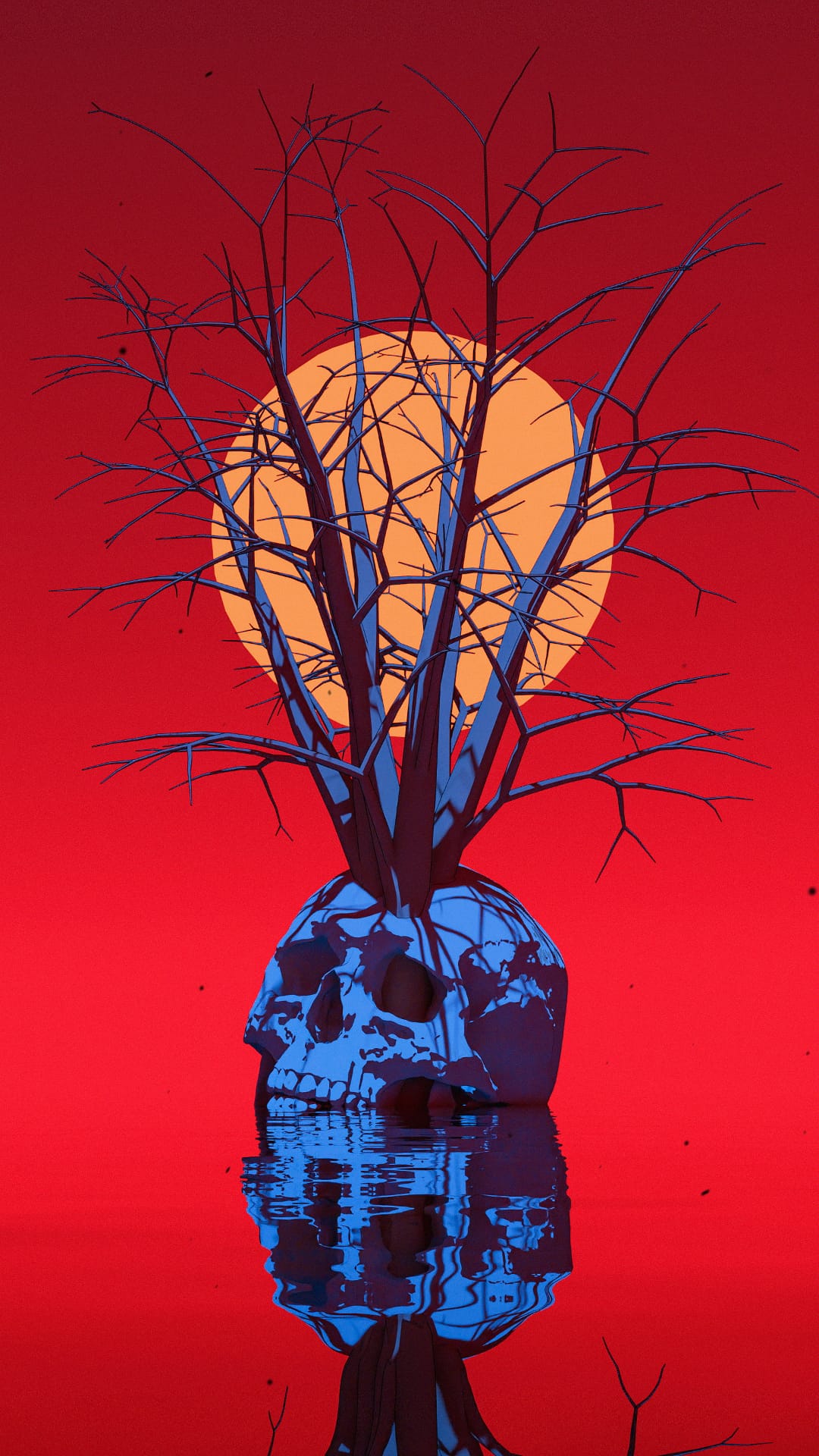 Blue skull with a bare tree growing from it reflects in water against a red sky and a giant orange sun.