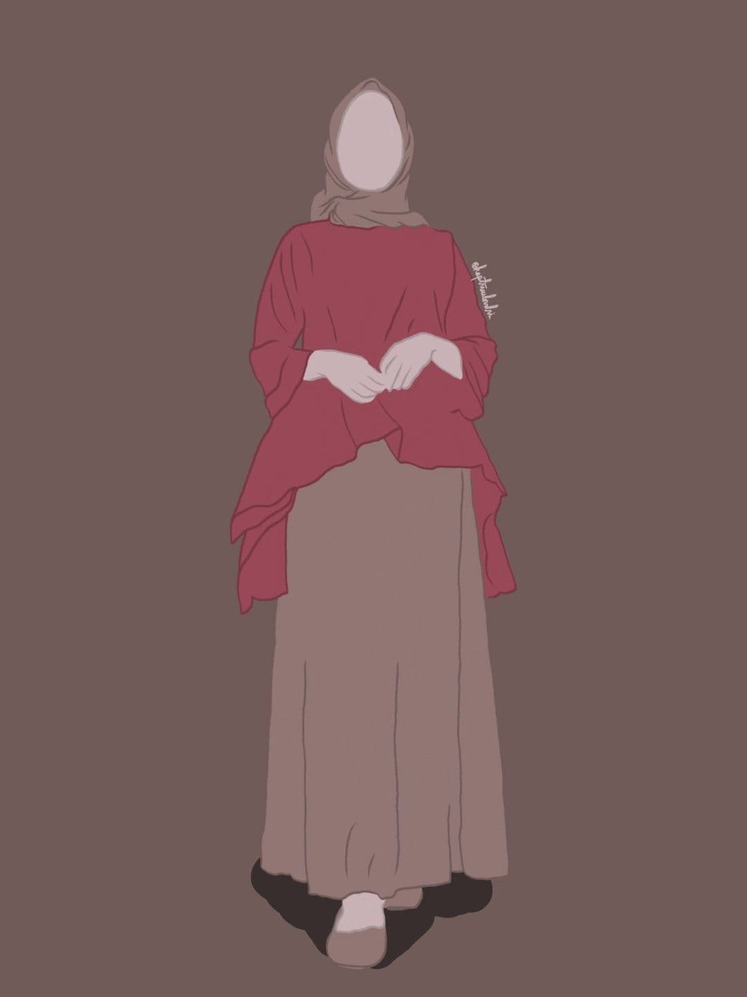 Faceless woman wearing a red draped top and beige skirt with hands clasped against a solid brown background.