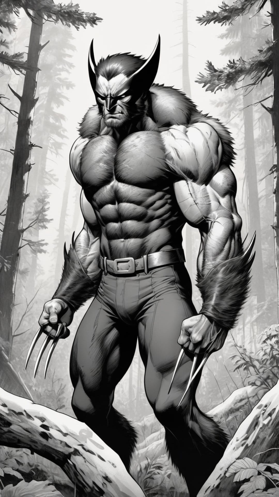 Wolverine extends metallic claws while standing in a monochrome forest with dramatic shadows and tall trees.