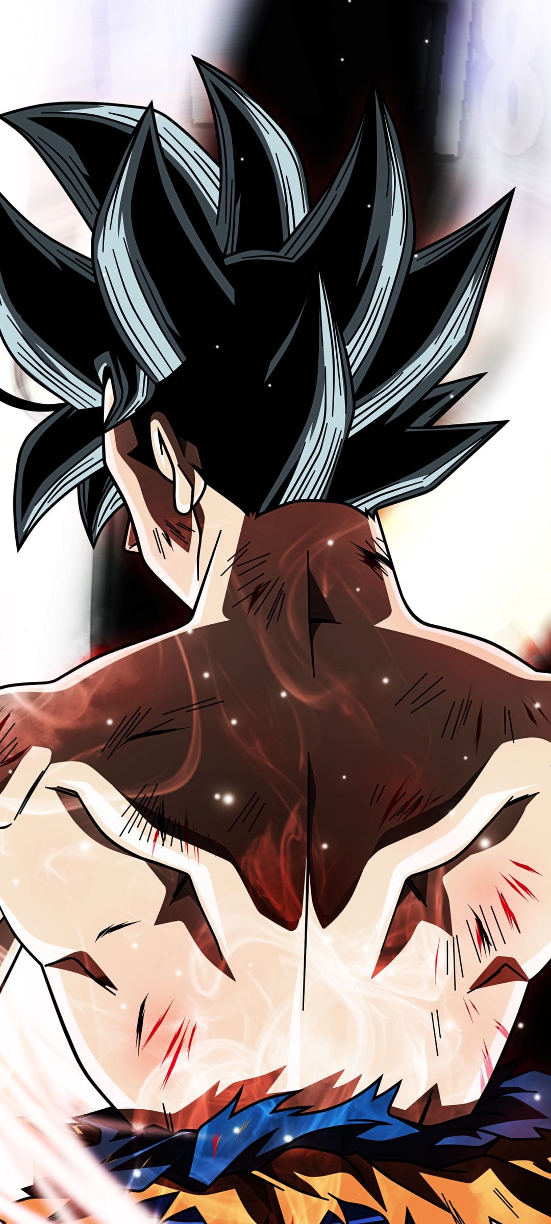 Goku stands with his back turned, showing silver-streaked hair, a muscular frame, and swirling red energy embers.