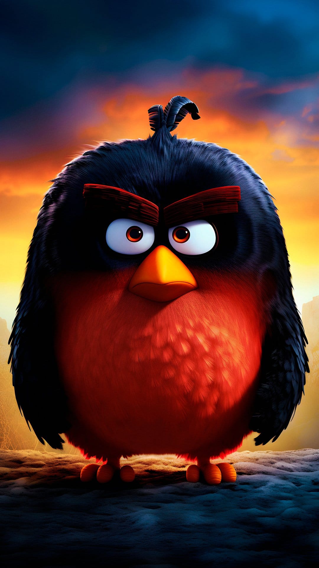 Fluffy black and red bird with a sharp orange beak and angry eyebrows standing before a mountain sunset.