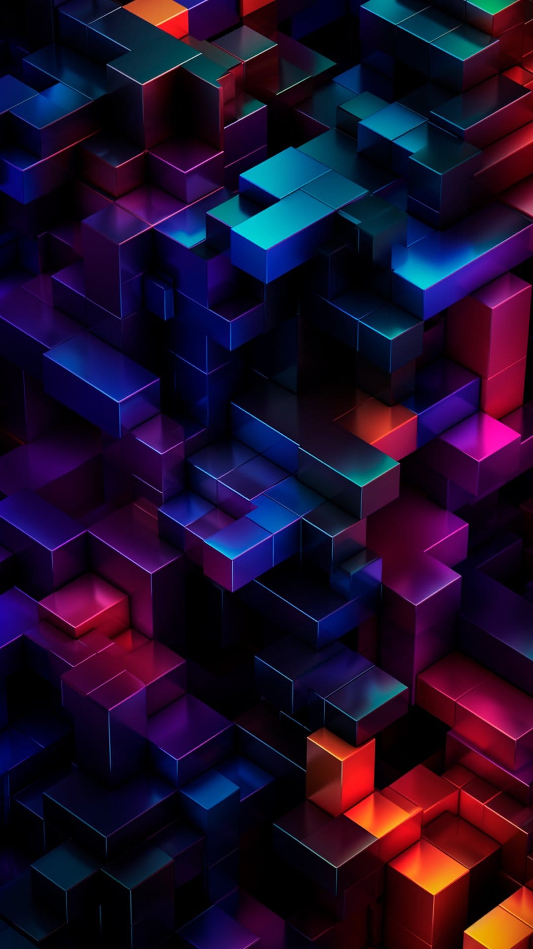 Interlocking metallic cubes with neon blue and pink gradients reflect light in a dark 3D geometric landscape.