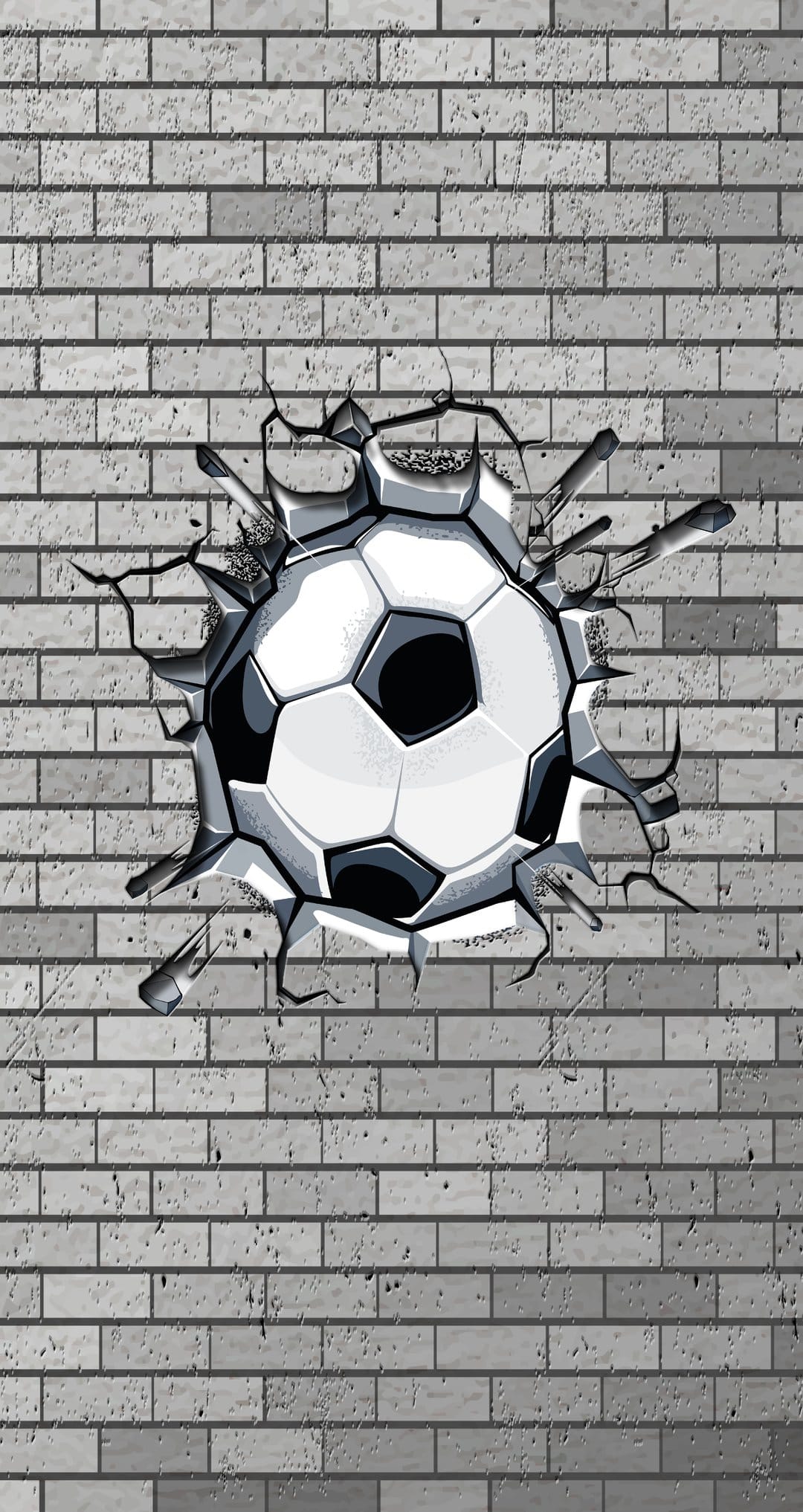 Soccer ball bursting through a gray brick wall with flying debris and dust in a monochromatic action sequence.