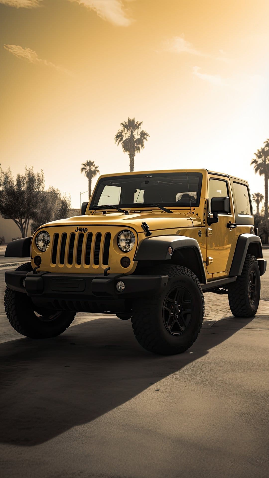 Yellow Jeep Wrangler parked on sand with palm trees and a sunset sky in a vertical composition.