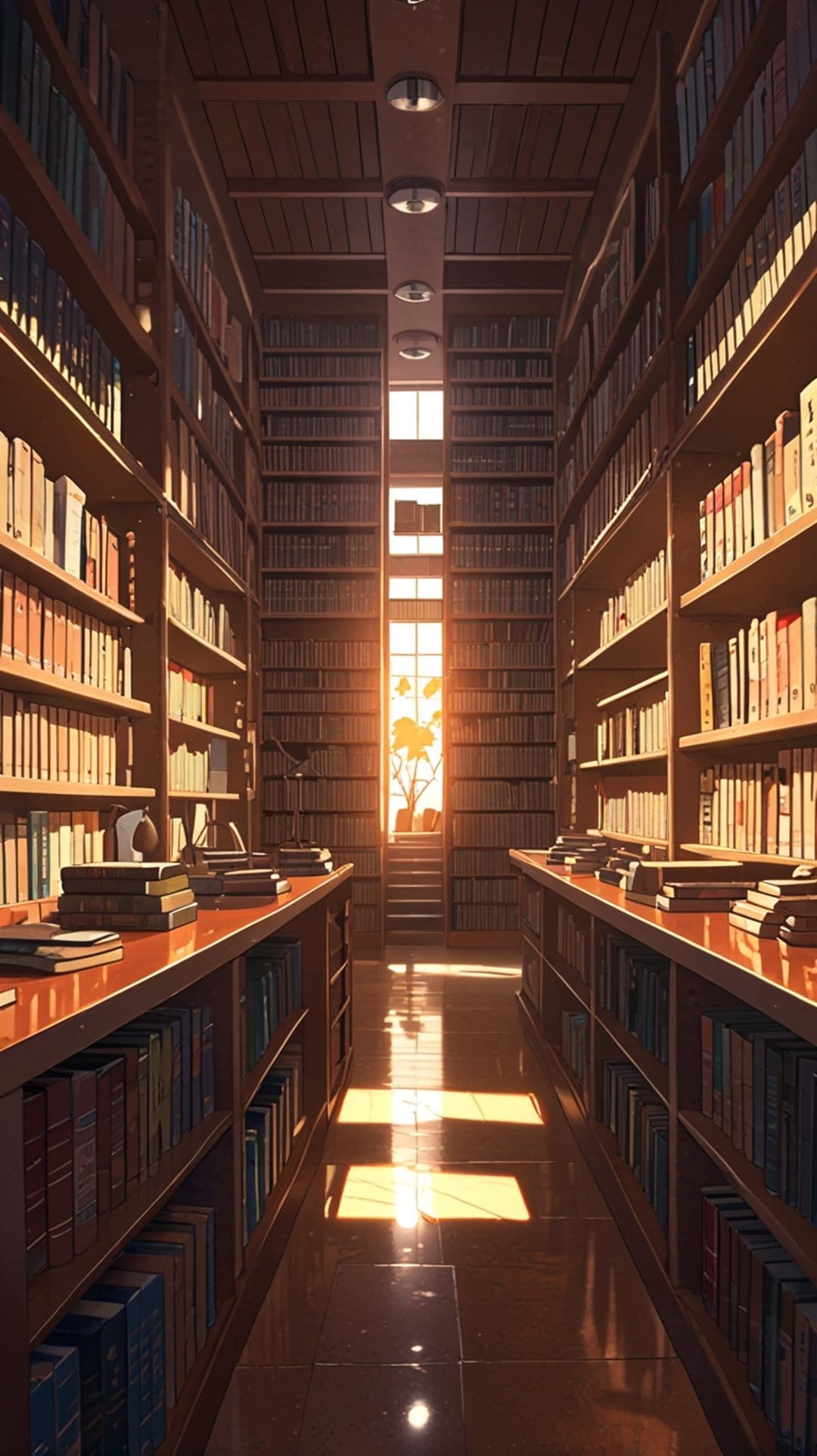 Tall wooden bookshelves line a sunlit library aisle where golden light hits a reading chair and polished floor.