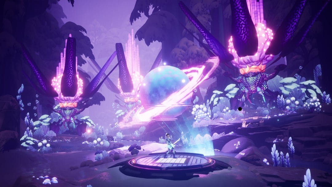 Musician playing a glowing guitar in a purple alien forest with a ringed planet and bioluminescent flora.