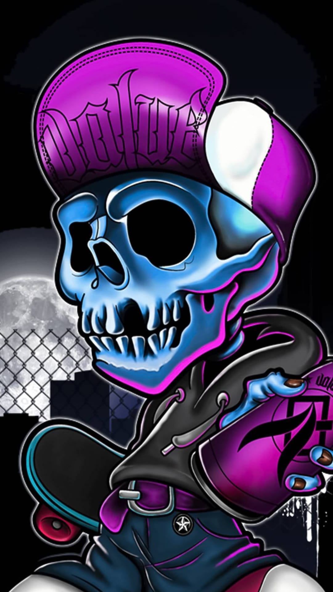 Blue skull with a purple cap holds a skateboard and spray can against a dark night sky with a crescent moon.