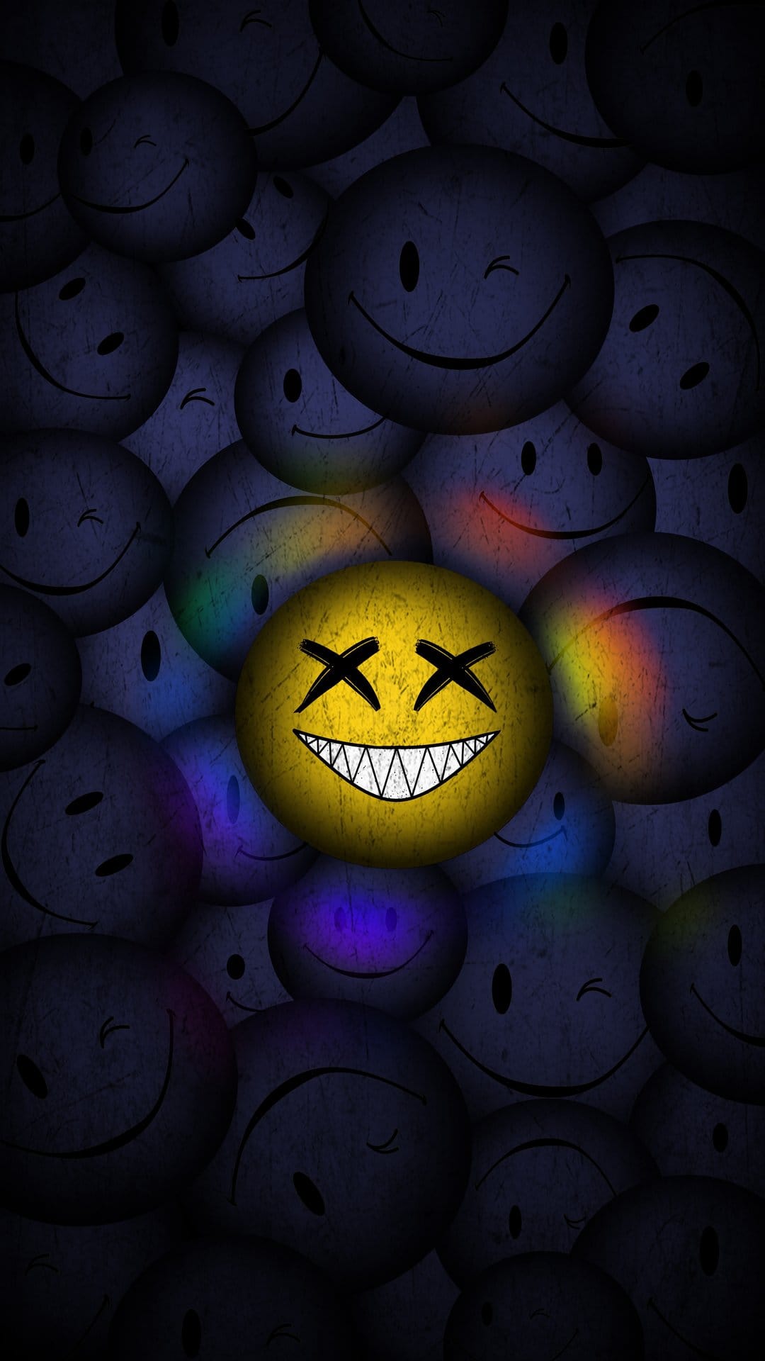 Yellow smiley face with X eyes and sharp teeth surrounded by dark gray shadowed emoticons in a textured scene.