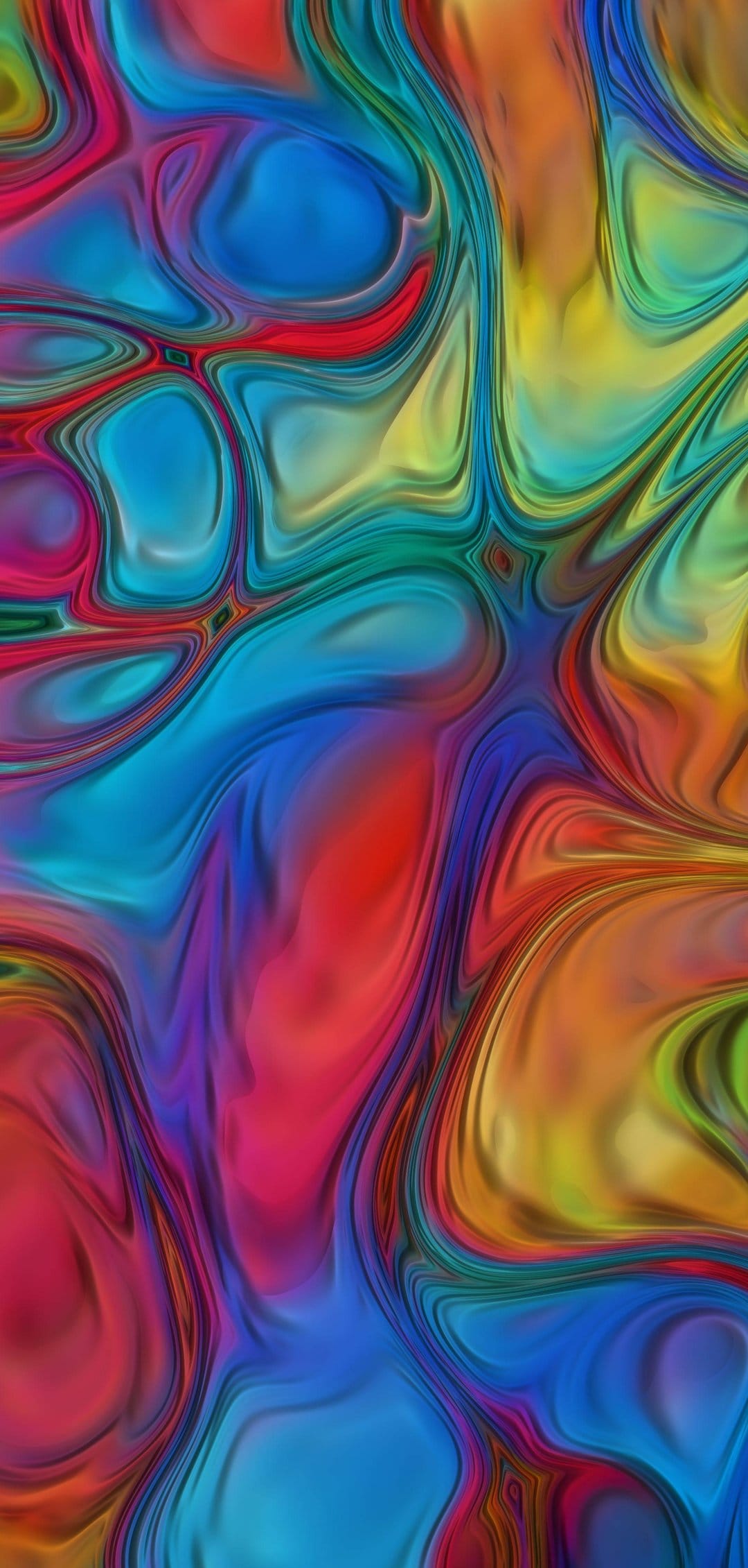 Swirling liquid paint layers in blue, red, and yellow create a textured marble pattern with glossy depth.