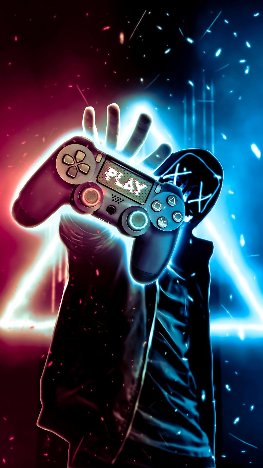 Masked gamer holding a glowing neon controller amidst split red and blue light trails with floating particles.