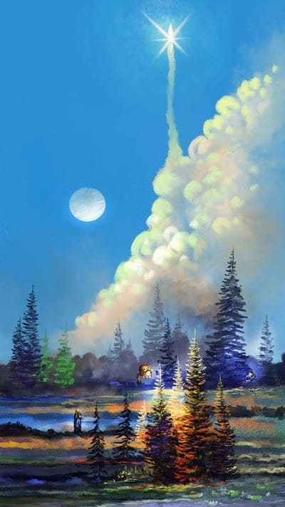 rocket,smoke,silhouette,trees,art