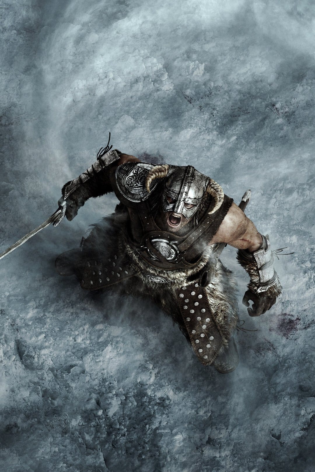 Roaring warrior in a horned iron helmet and fur armor stands on a snowy ground holding a sword from a top-down view.