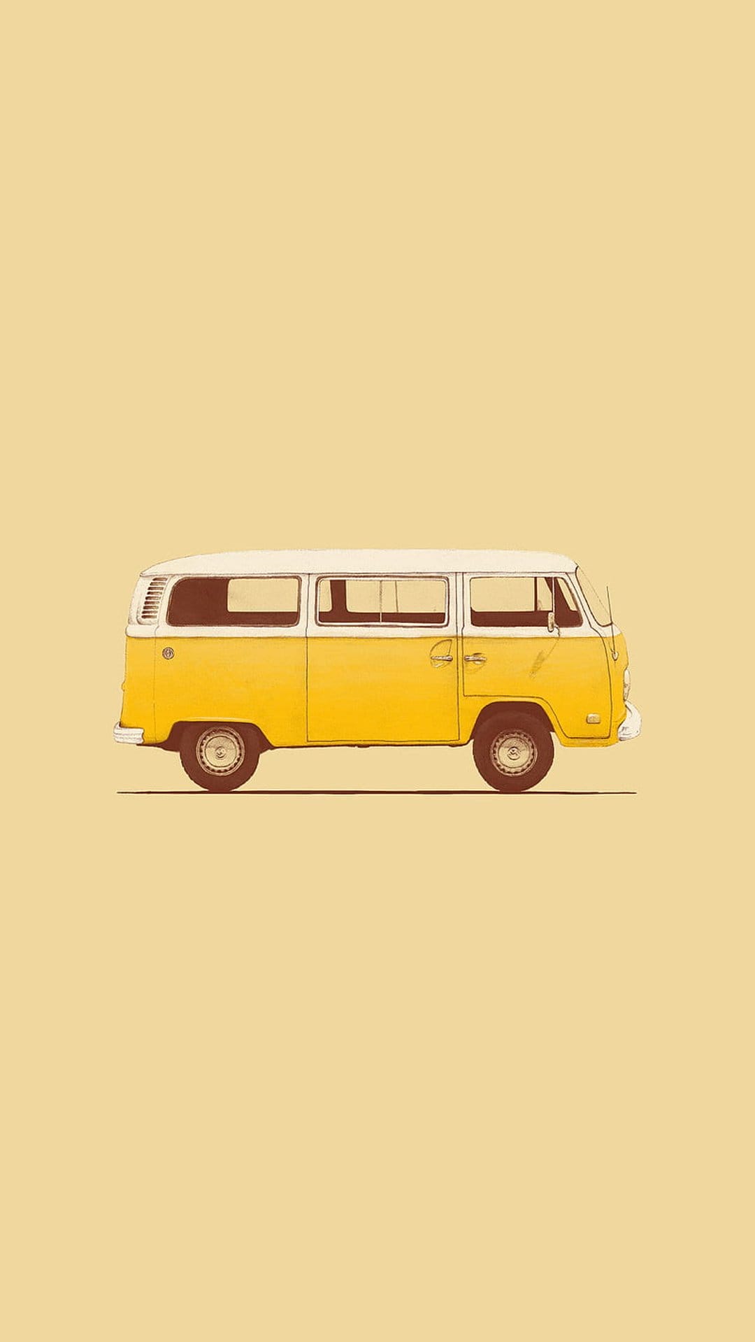 Yellow vintage camper van in profile view against a solid pale yellow background with clean black outlines.