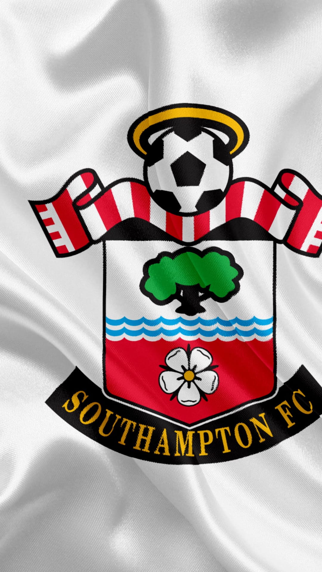 Southampton FC crest with golden halo and red stripes on waving white fabric with realistic satin folds.