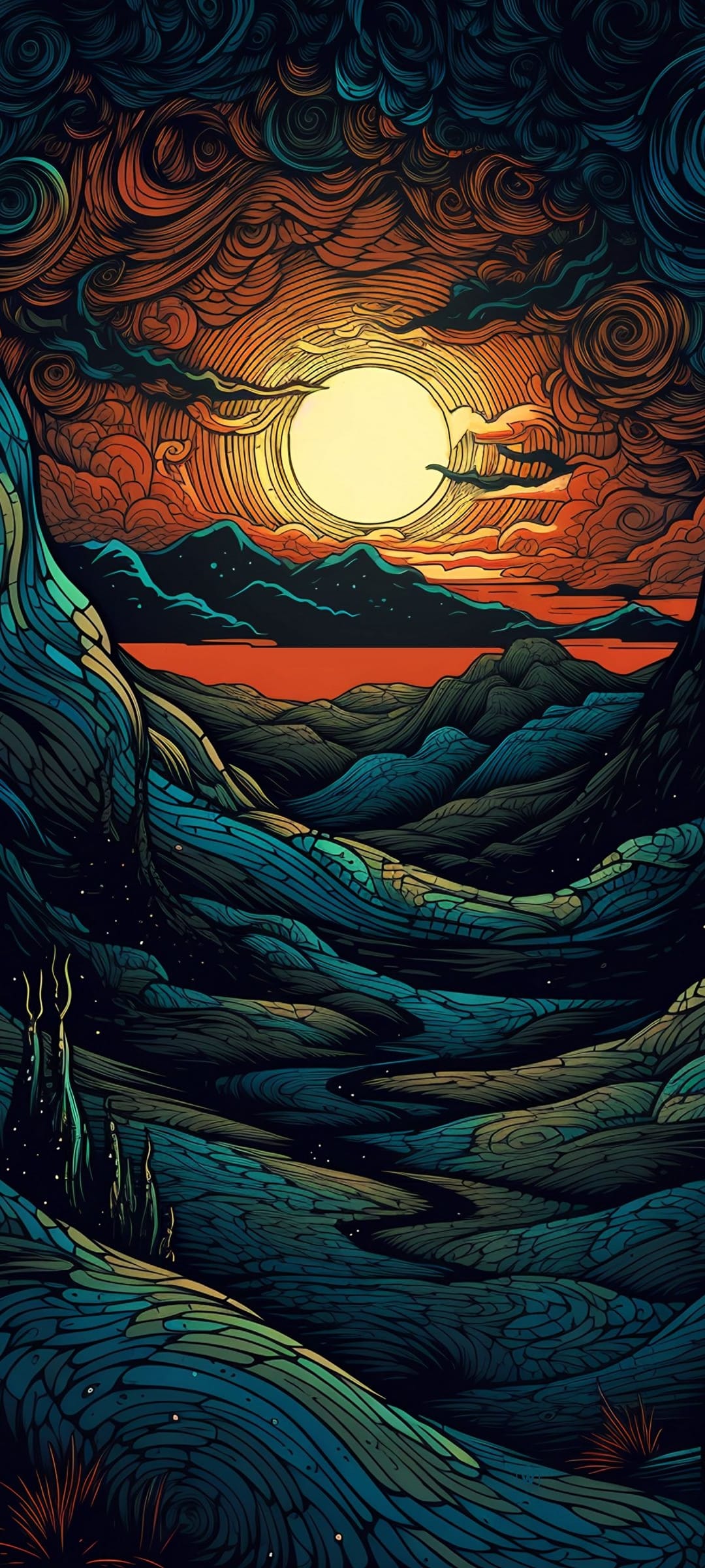 Glowing sun partially hidden by orange and teal swirling clouds above stylized blue and green mountains.