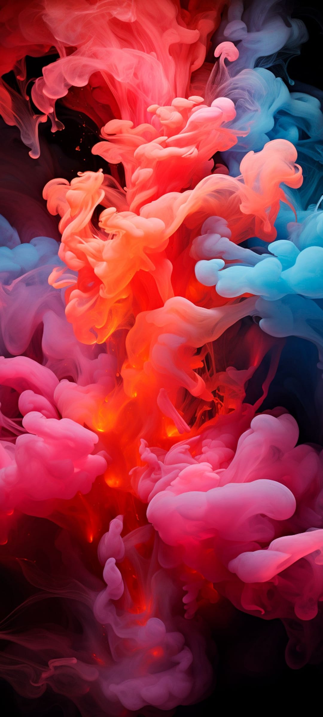 Swirling red, orange, and blue smoke plumes against a dark background with fluid textures and soft lighting.