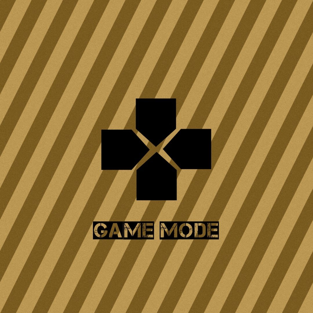 Black D-pad icon above stencil Game Mode text on a background of diagonal gold and brown textured stripes.