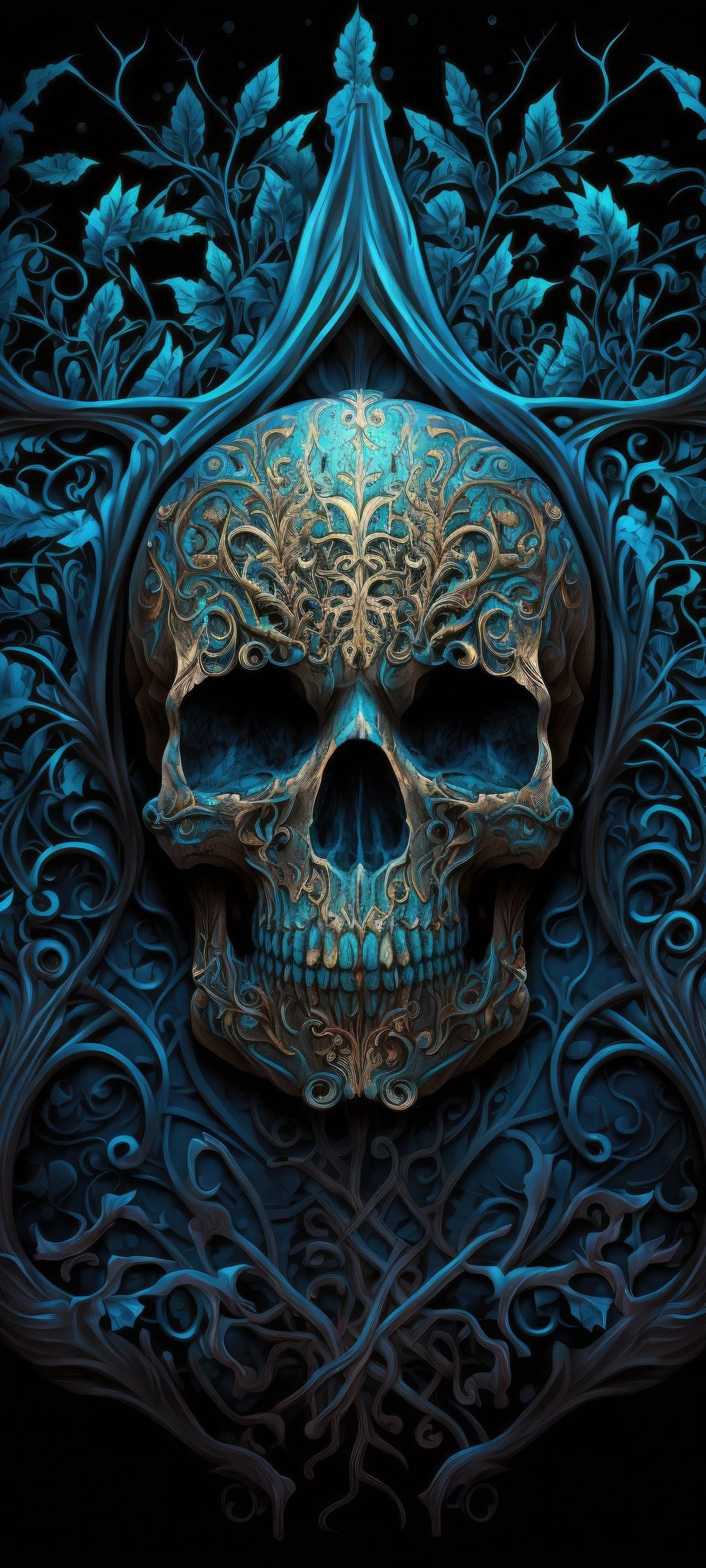 Blue human skull with golden filigree patterns and sharp teeth surrounded by dark navy leaves and vines.