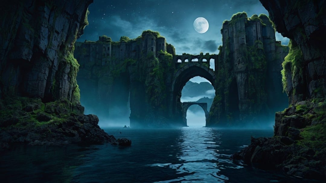 Mossy stone bridge ruins span a dark river flanked by cliffs under a bright full moon and starry night sky.