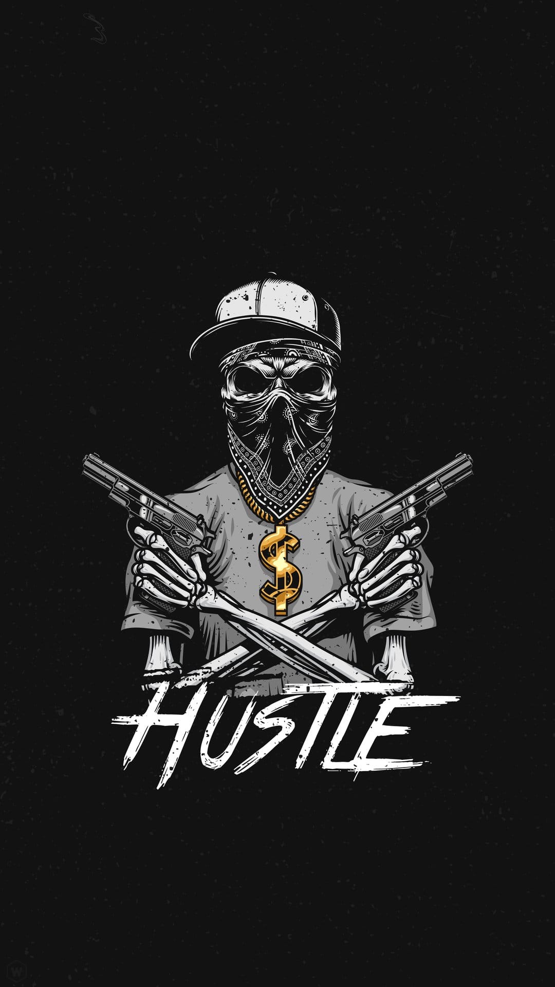 Skeleton wearing a bandana and gold dollar necklace holds two crossed pistols above the distressed word hustle.