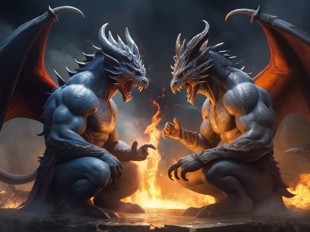 Blue and grey dragons with spread wings roar at each other amidst glowing orange flames and dark smoke.