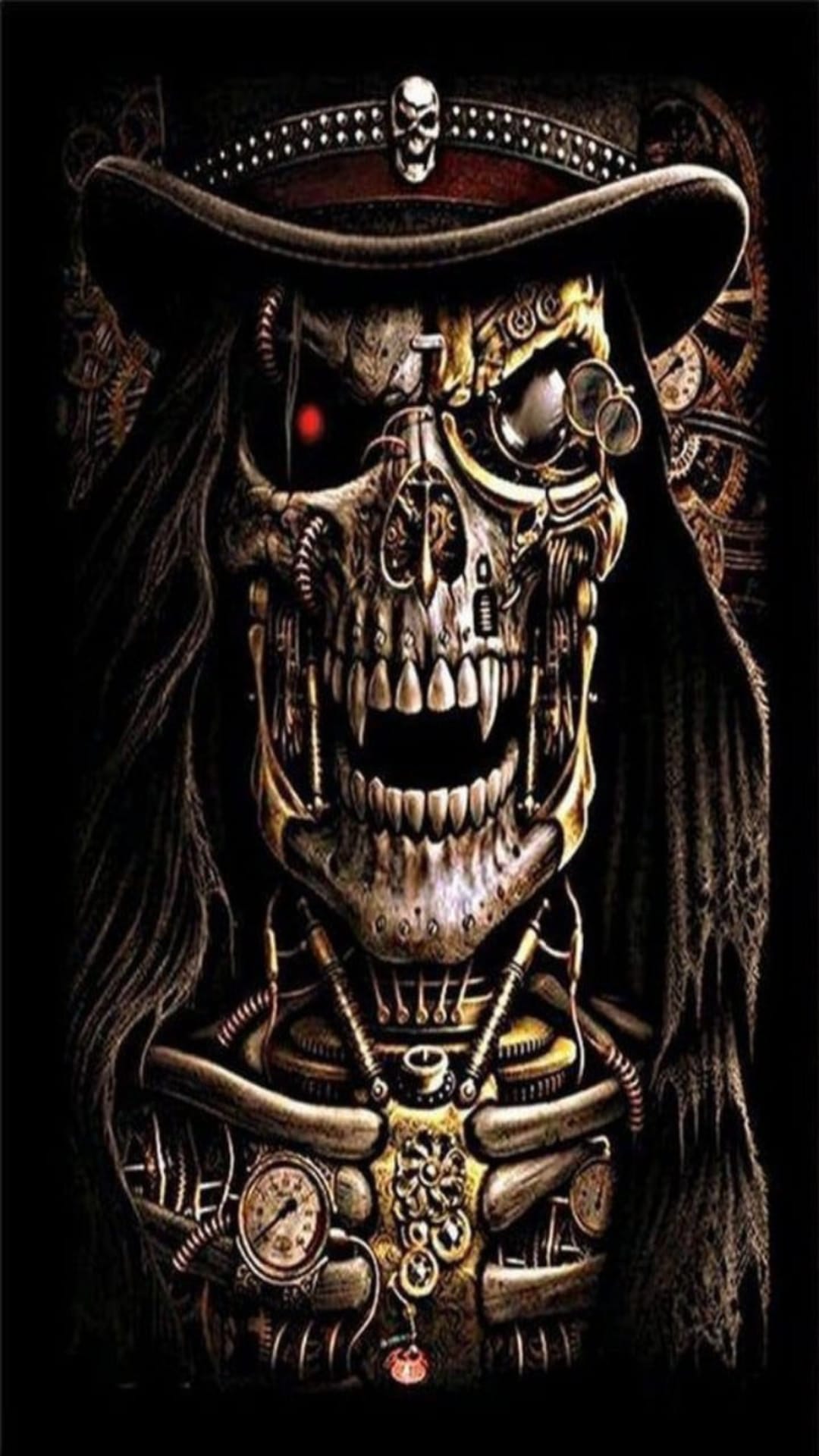Steampunk skeleton wearing a black top hat with brass gears, a glowing red eye, and a monocle on its skull.