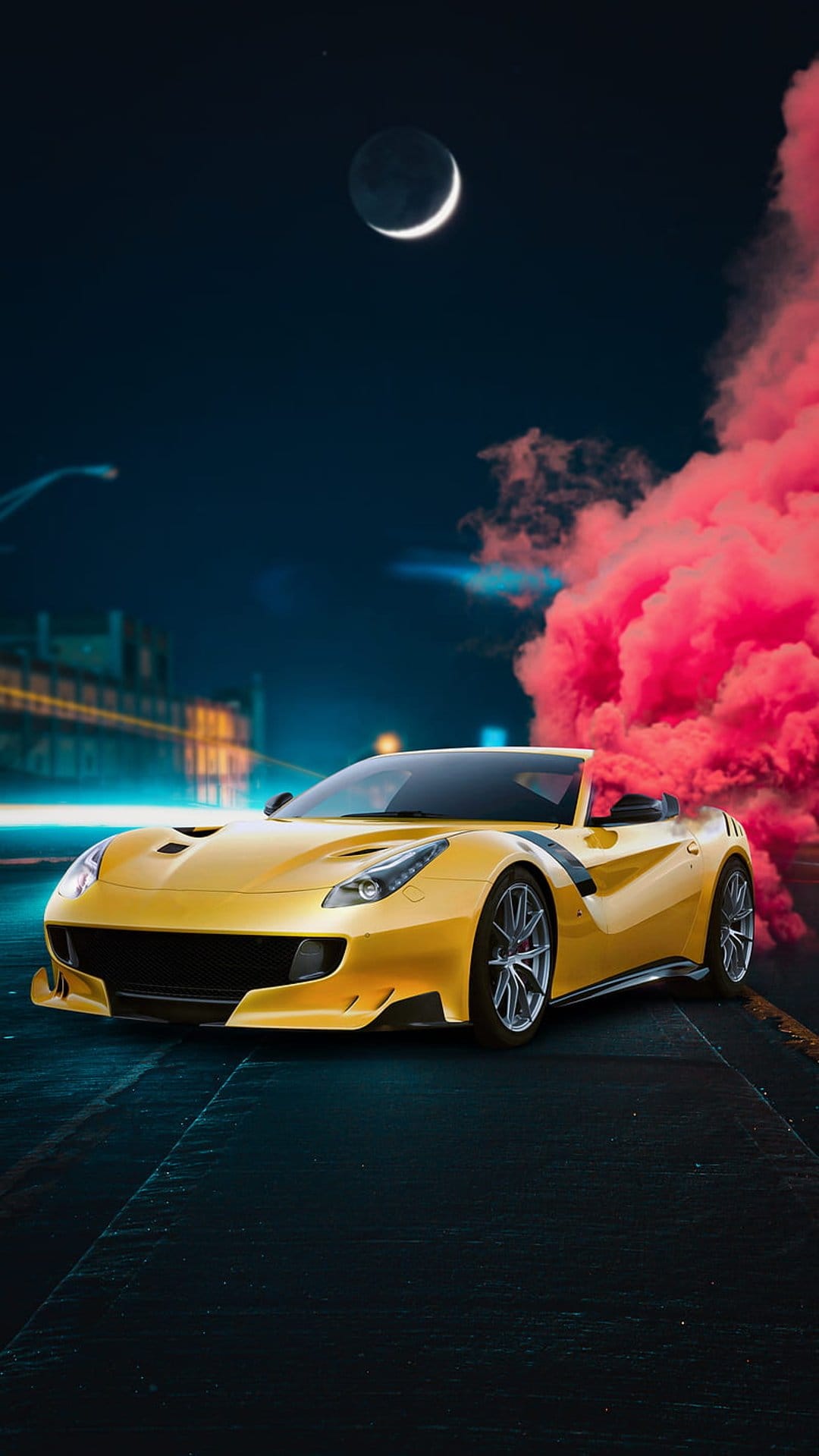 Yellow Ferrari convertible racing through pink smoke plumes under a crescent moon in a dark night city setting.