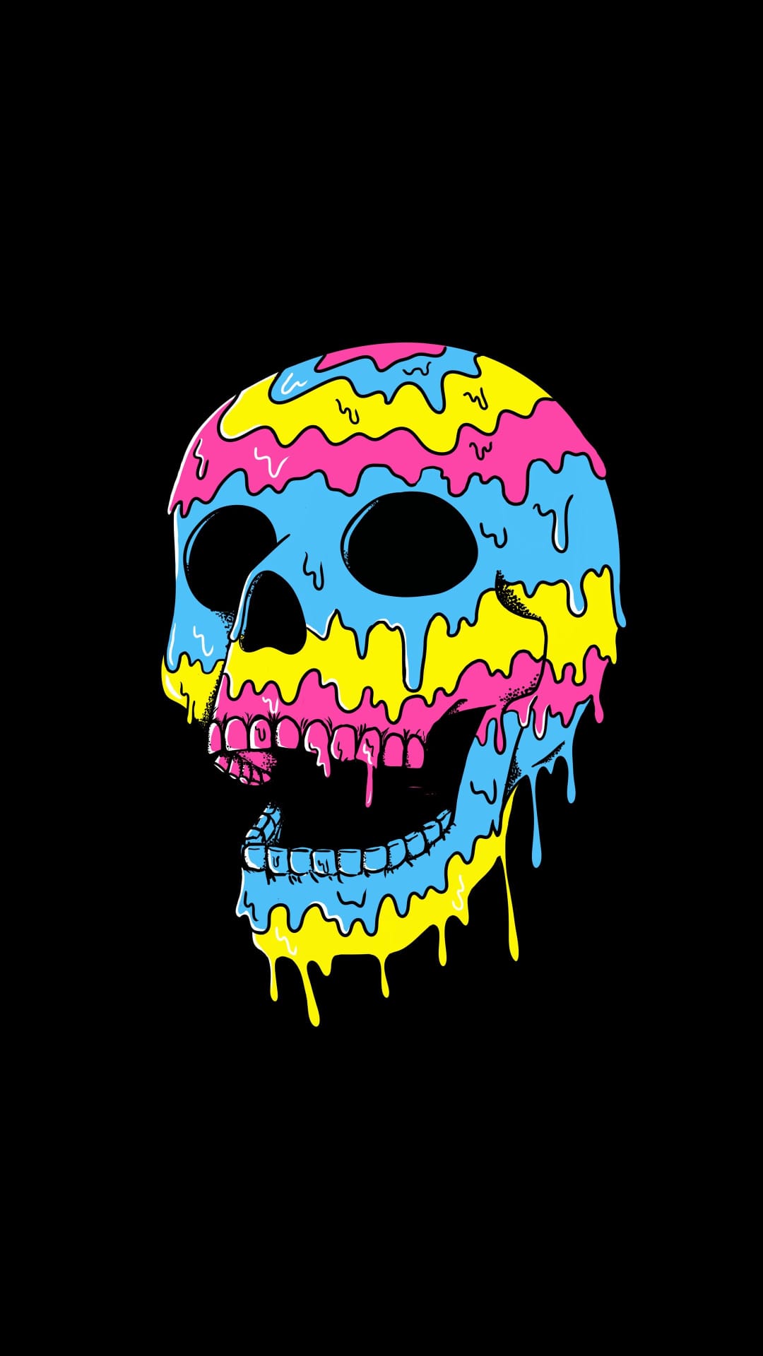 Human skull with neon pink, yellow, and blue paint dripping from it against a solid black backdrop.