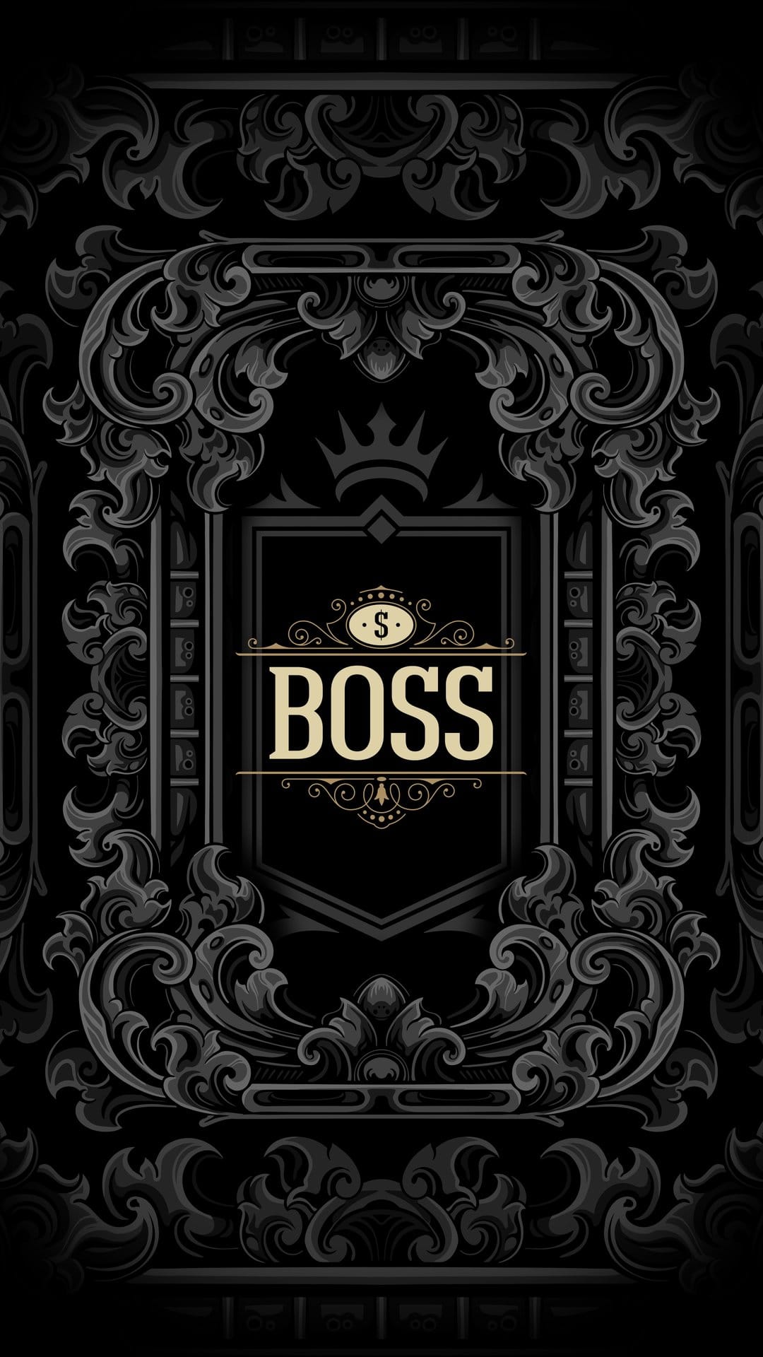 BOSS text in metallic gold lettering centered within gray baroque scrollwork and a small crown icon.
